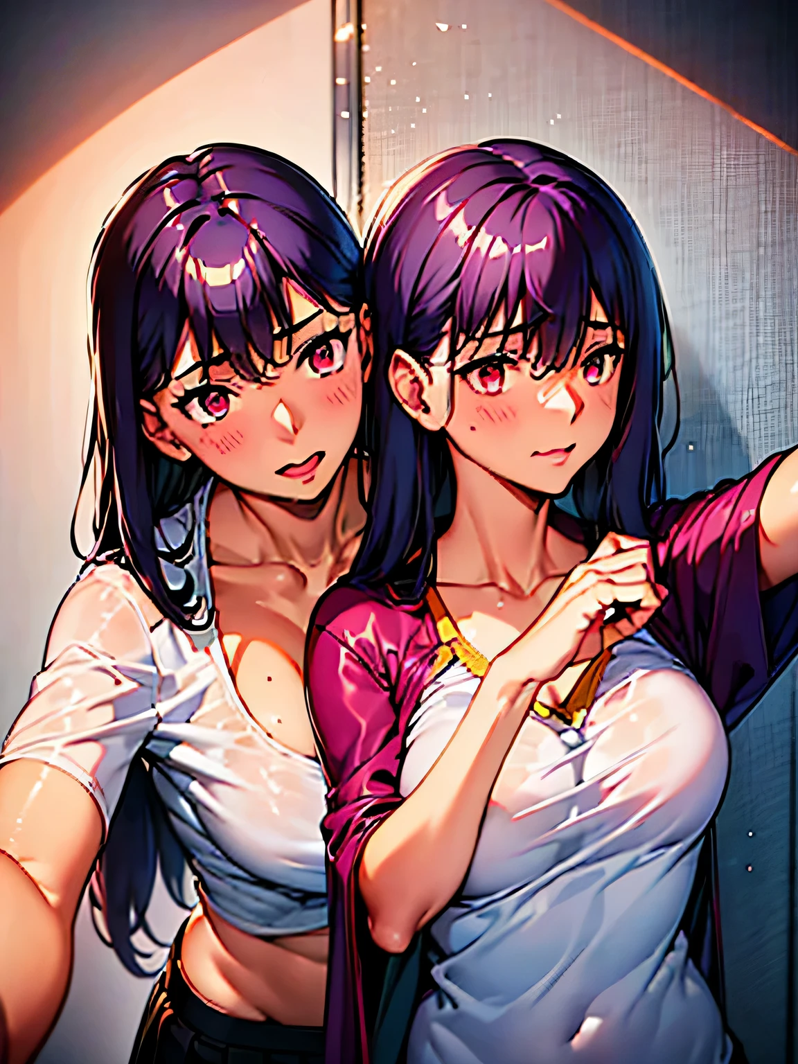 They are two people who take a selfie in front of the mirror, The boy on the left looks at the girl on the right,Girl holding cell phone in her hand, (ayamesakura1), (hatsunemiku)