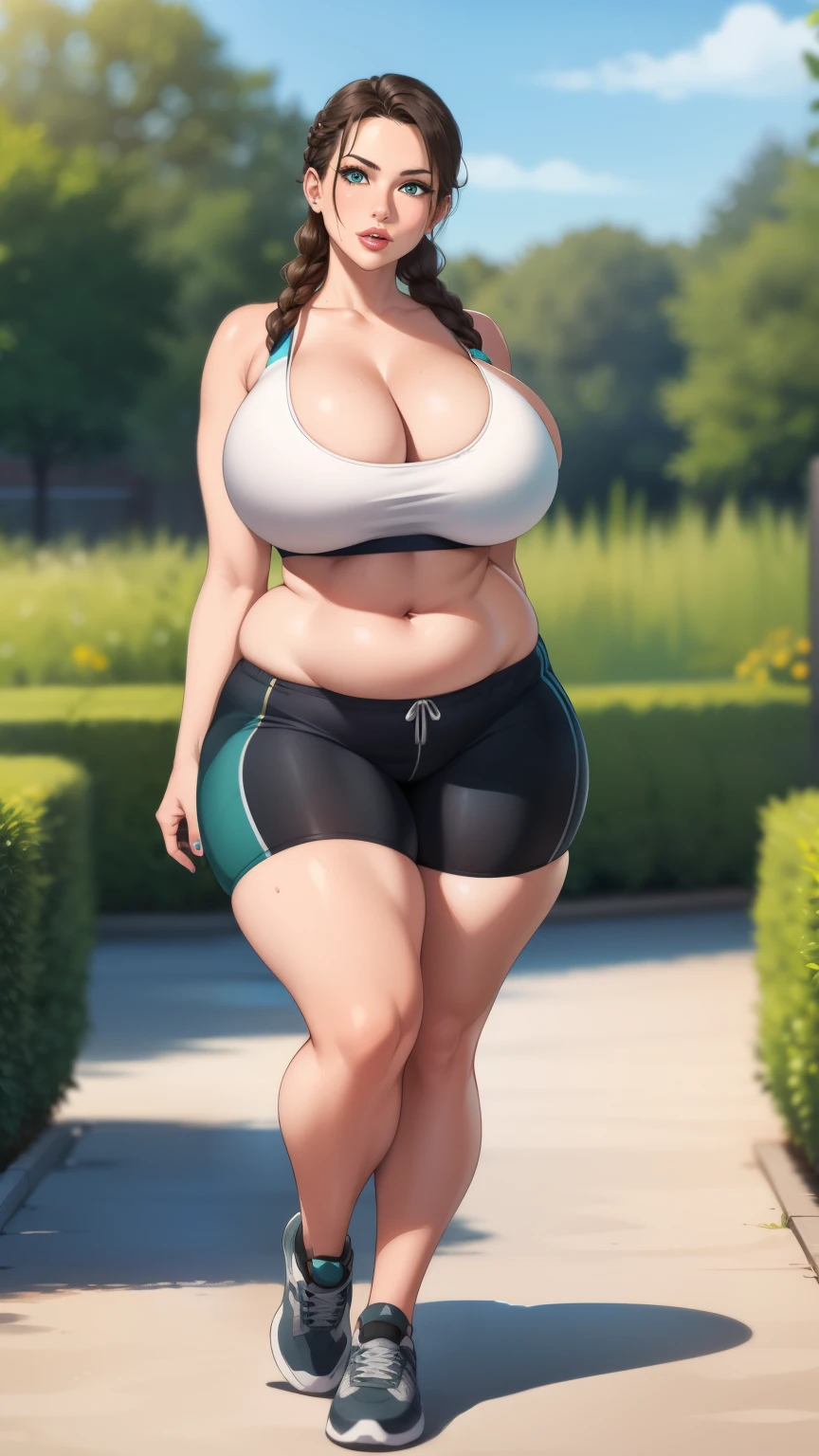 lara croft, 1 girl, (((slut))), perfect face, perfect eyes, looking at the viewer, single long braids, brown hair, plump lips, thick lips, wide hips, thick thighs, The face of longing desire, huge natural breasts, cleavage, mature mom, perfect face, perfect eyes, outdoors, garden, Black Sports Shorts, aqua green sports bra, fake breasts, sunburned skin, belly button, full body shot,