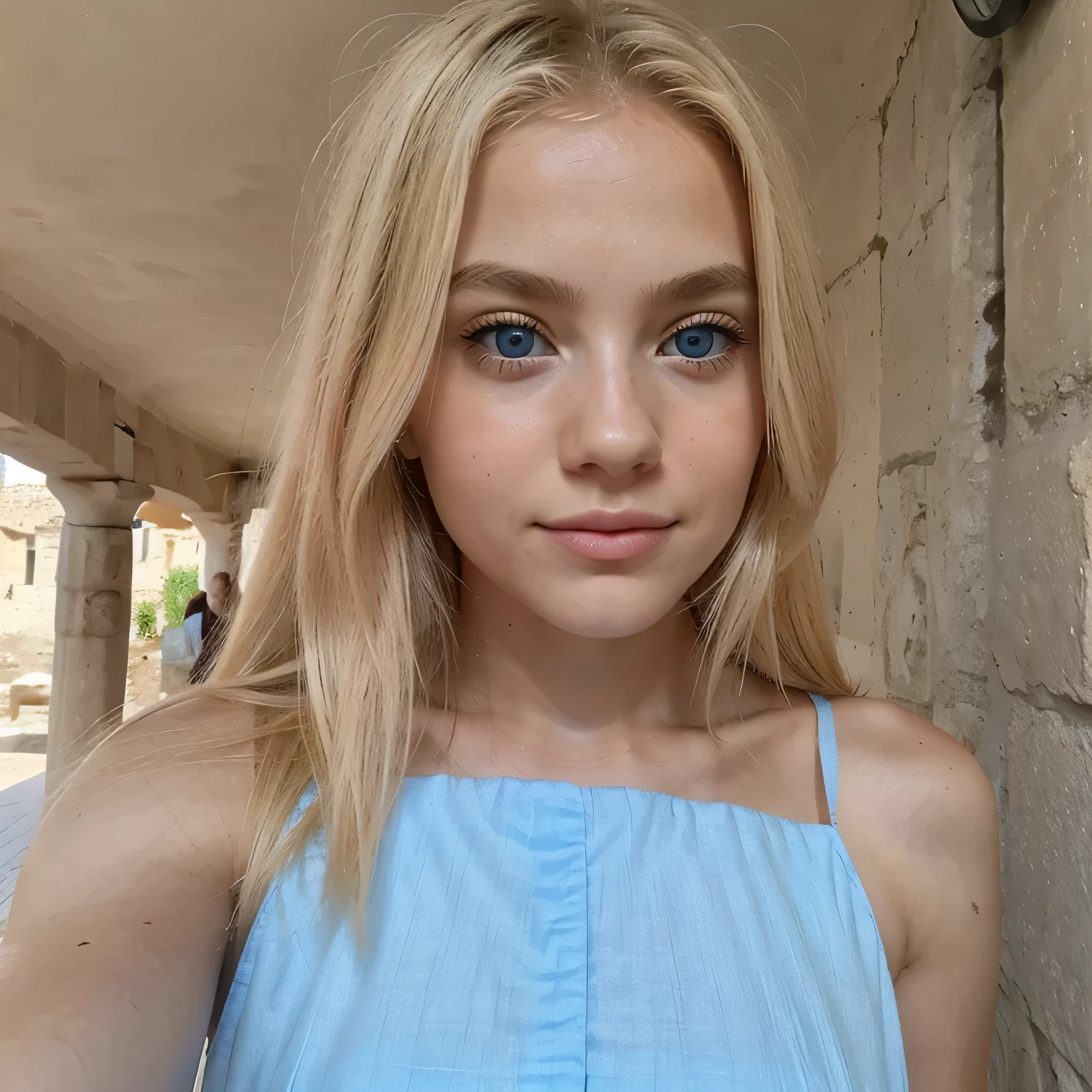 Selfie of a beautiful girl, pink beautiful dress, beautiful blonde hair, blonde, beautiful blue eyes, slight smile, Greece