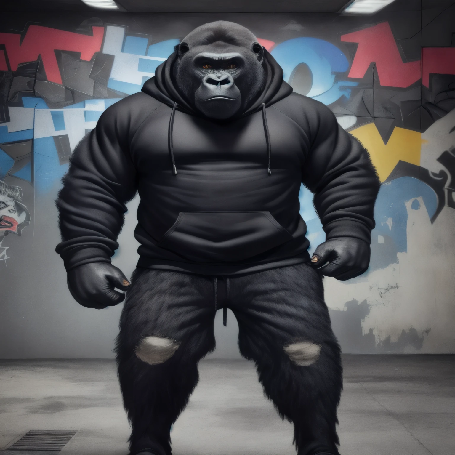 Araffe in einem schwarzen Kapuzenpullover und einer schwarzen Hose steht vor einer Graffitiwand, inspiriert von planet der affen, Gorilla, like Gorilla, wojtek fus, grumpy Gorilla, by Alex Petruk APe, bedrohlicher Blick, ultra realistische Illustration, A King Kong rage on the street, ein hyperrealistischer, ein ultra realistisches, realistische Illustration