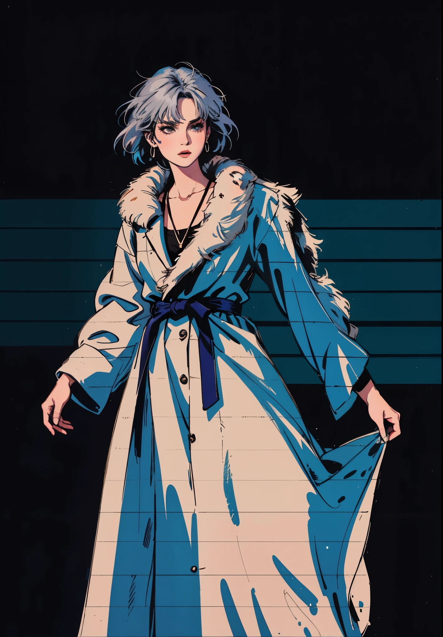 A woman with short silver-gray hair, thick bangs covering the right half of her face, delicate features, a serene expression, a simple floor-length gray-blue robe, with a thick white fur coat worn over it, long sleeves patterned like animal skeletons, standing amidst the falling snow of the mountains, this character embodies a finely crafted fantasy martial arts-style female cultivator in anime style, exquisite and mature manga art style, high definition, best quality, highres, ultra-detailed, ultra-fine painting, extremely delicate, professional, anatomically correct, symmetrical face, extremely detailed eyes and face, high quality eyes, creativity, RAW photo, UHD, 32k, Natural light, cinematic lighting, masterpiece-anatomy-perfect, masterpiece:1.5
