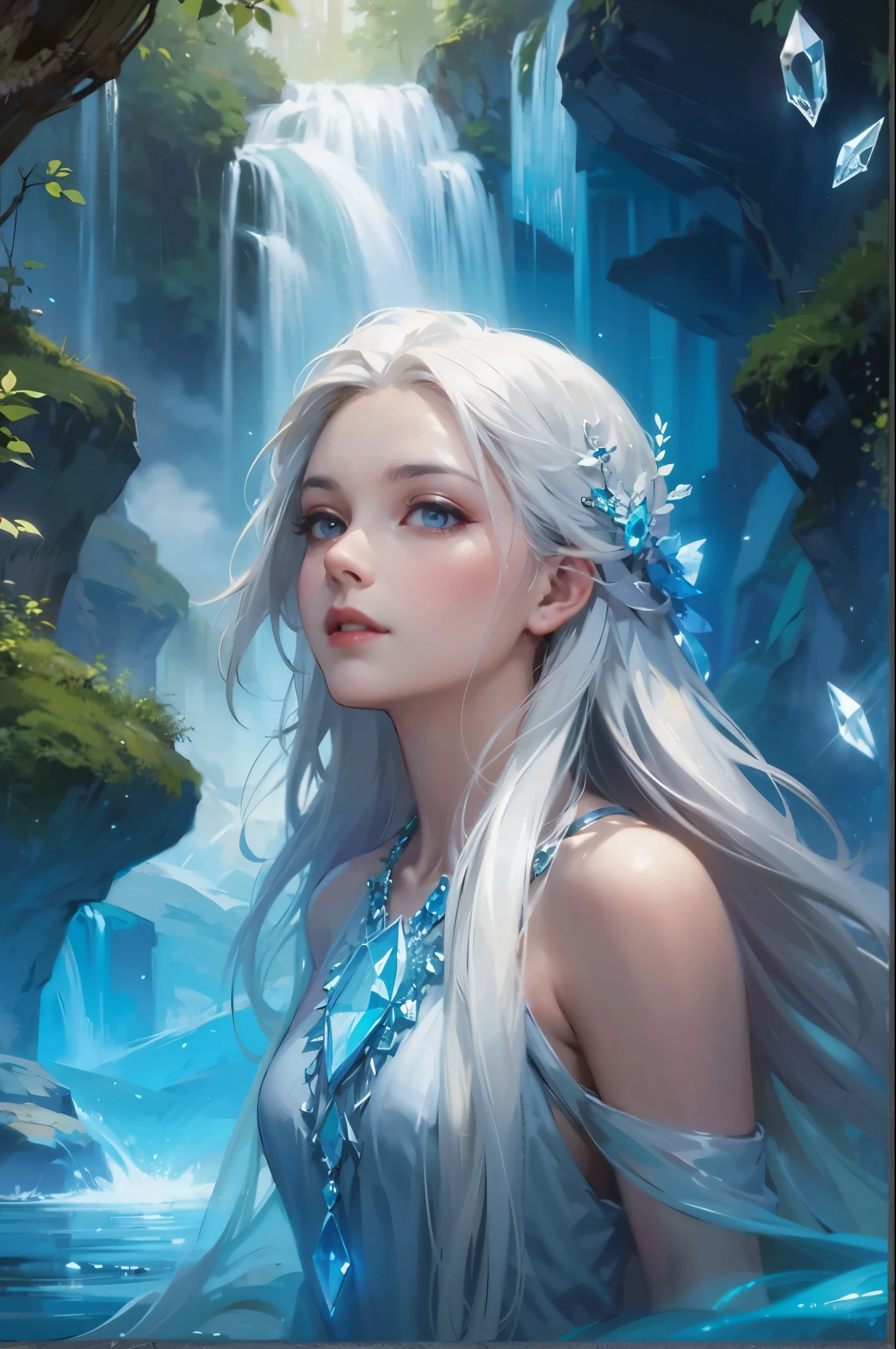 Create a mesmerizing digital painting depicting the serene beauty of an enchanted forest scene. Include a majestic waterfall with crystalline waters cascading down from rugged cliffs, surrounded by ancient trees and vibrant flora. In the center of the scene, portray a young woman of ethereal beauty, with flowing white hair and azure blue eyes, adorned with a shimmering blue crystal necklace. Capture her graceful presence as she interacts with the natural elements around her, infusing the forest with an aura of tranquility and magic.