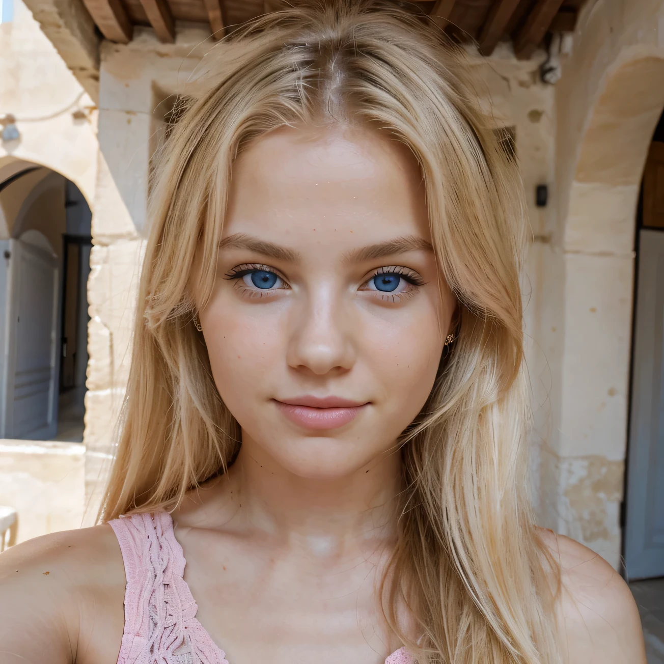 Selfie of a beautiful girl, pink beautiful dress, beautiful blonde hair, blonde, beautiful blue eyes, slight smile, Greece