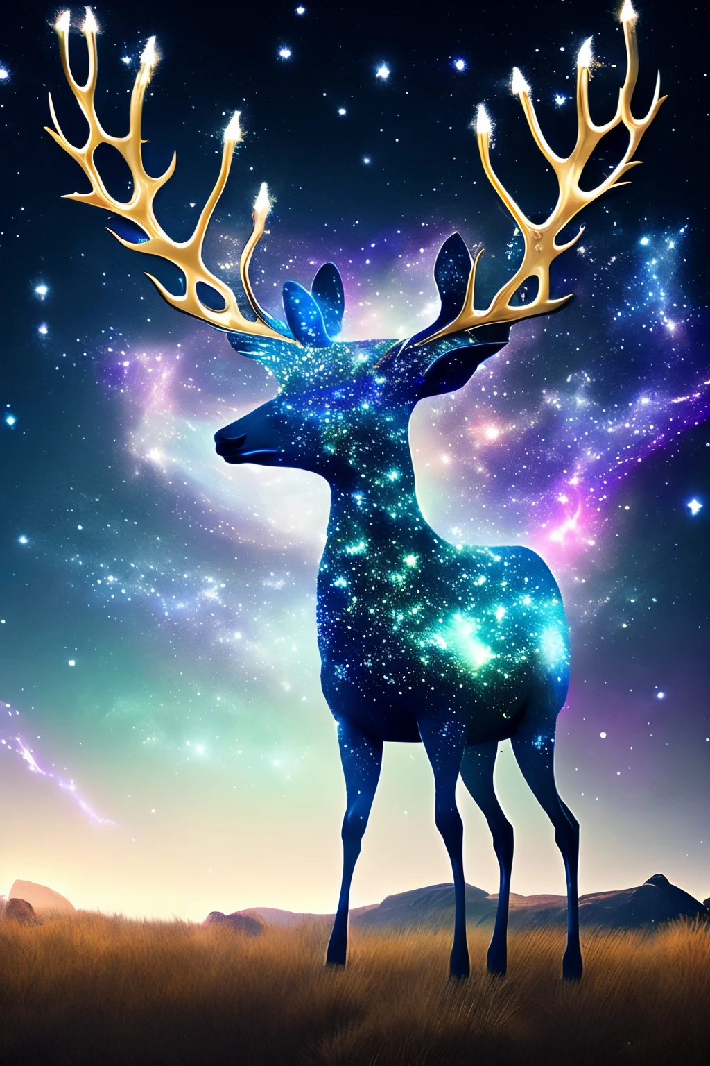 In the vast, endless expanse of the cosmos, a magnificent Cosmic Deer roamed free. Surrounded by a breathtaking backdrop of swirling galaxies, nebulae, and stars, this ethereal creature stood out as a beacon of grace and beauty. Its magnificent antlers, stretched high and adorned with twinkling stars, reached towards the heavens, reflecting the wonders of the universe. Its body, shimmering with an iridescent glow, was a testament to the mysteries of space.
As it grazed on the celestial vegetation, the Cosmic Deer's eyes gleamed with the depth of the cosmos, taking