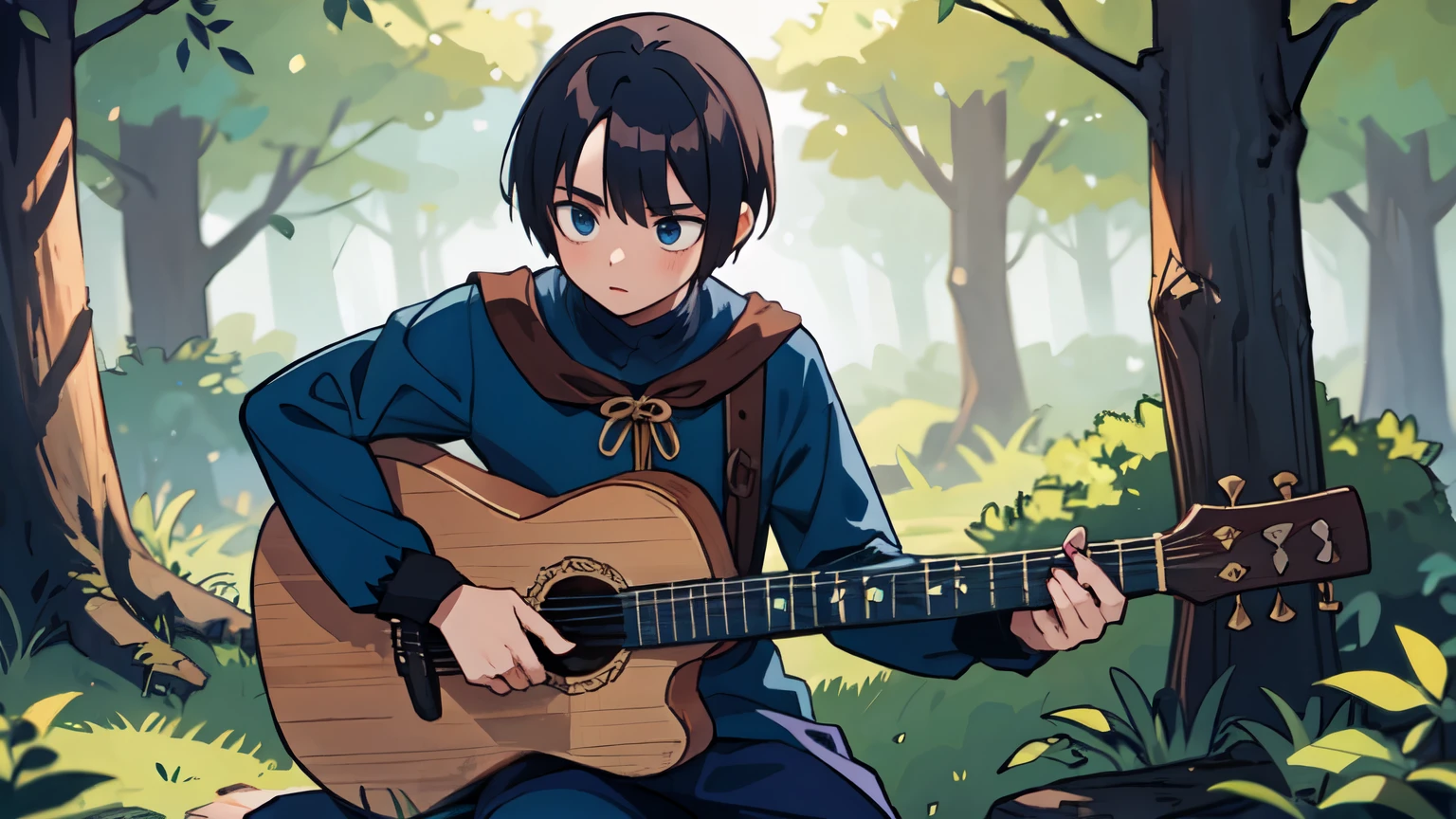 Man, dark blue clothes, Fantasy clothing, plays the lute, the bard, In the forest