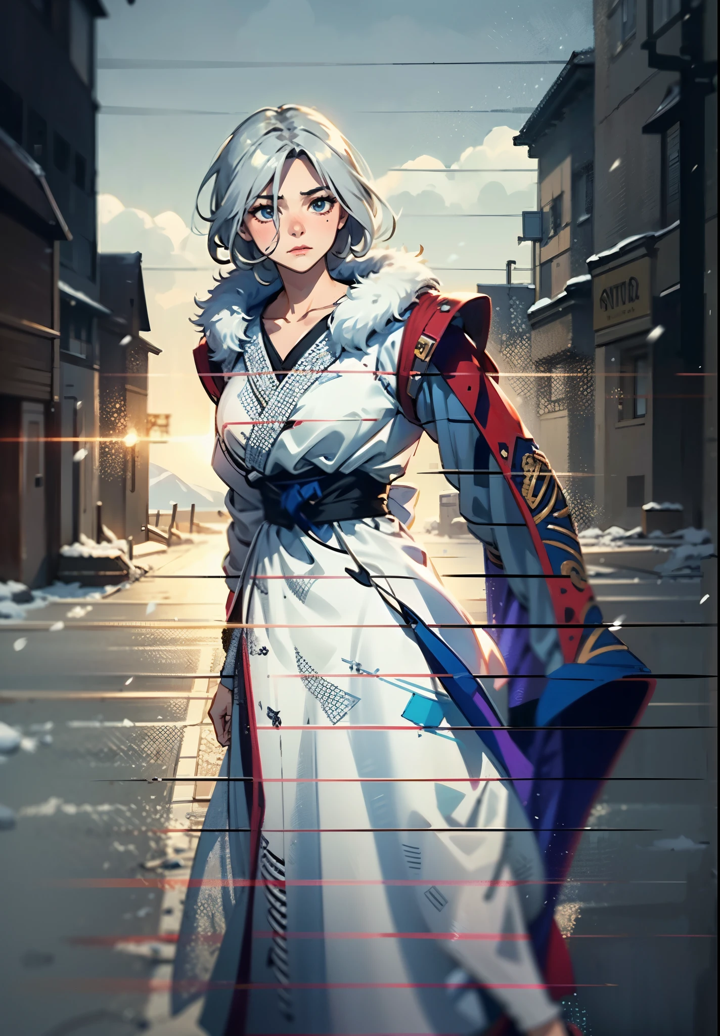 A woman with short silver-gray hair, thick bangs covering the right half of her face, delicate features, a serene expression, a simple floor-length gray-blue robe, with a thick white fur coat worn over it, long sleeves patterned like animal skeletons, standing amidst the falling snow of the mountains, this character embodies a finely crafted fantasy martial arts-style female cultivator in anime style, exquisite and mature manga art style, high definition, best quality, highres, ultra-detailed, ultra-fine painting, extremely delicate, professional, anatomically correct, symmetrical face, extremely detailed eyes and face, high quality eyes, creativity, RAW photo, UHD, 32k, Natural light, cinematic lighting, masterpiece-anatomy-perfect, masterpiece:1.5