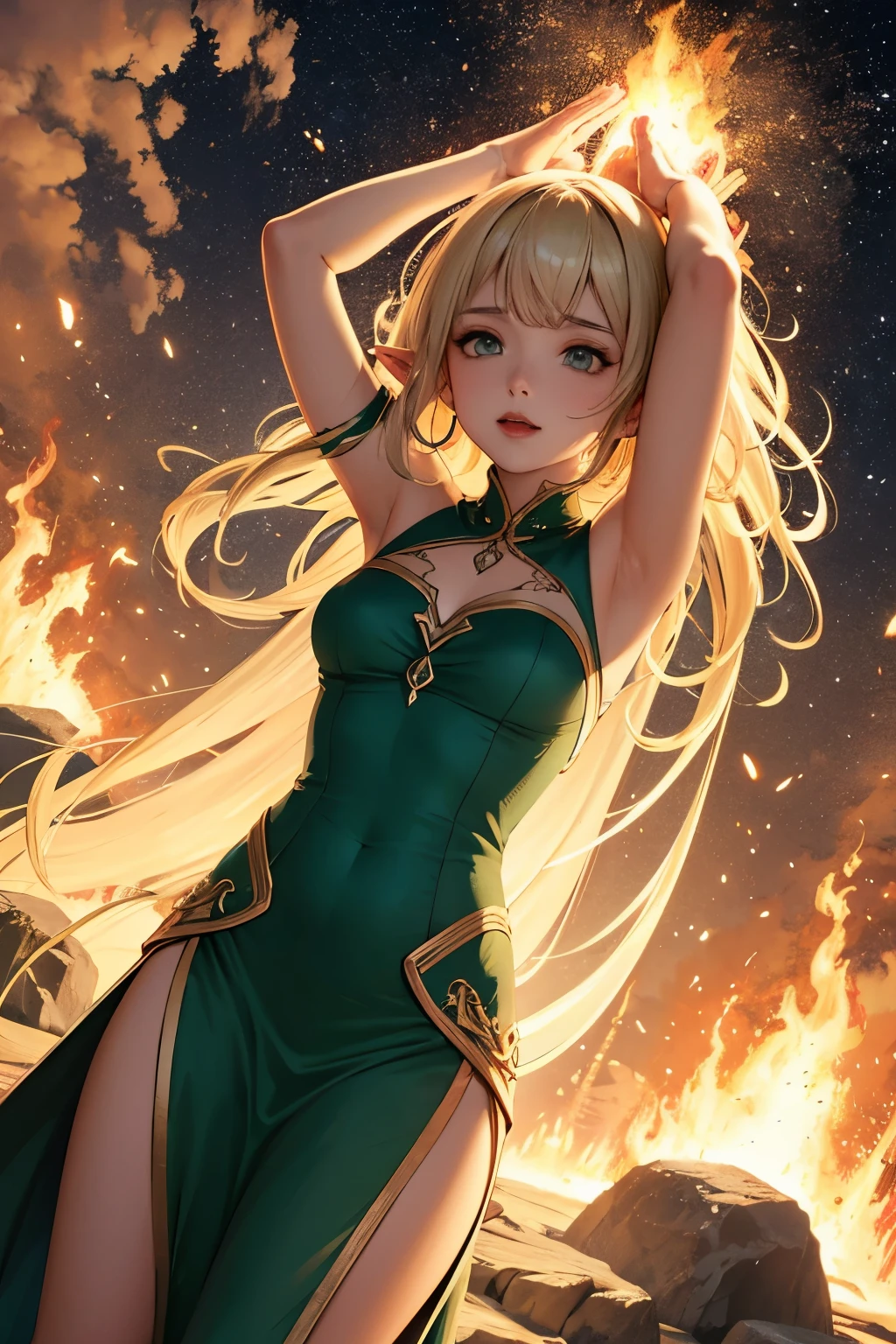 girl, Animal ears, Kumquat hair, Breasts, dress, Fox ears, Fox tail, Large breasts, no headwear,long whitr hair,Green eyes,Hanfu,