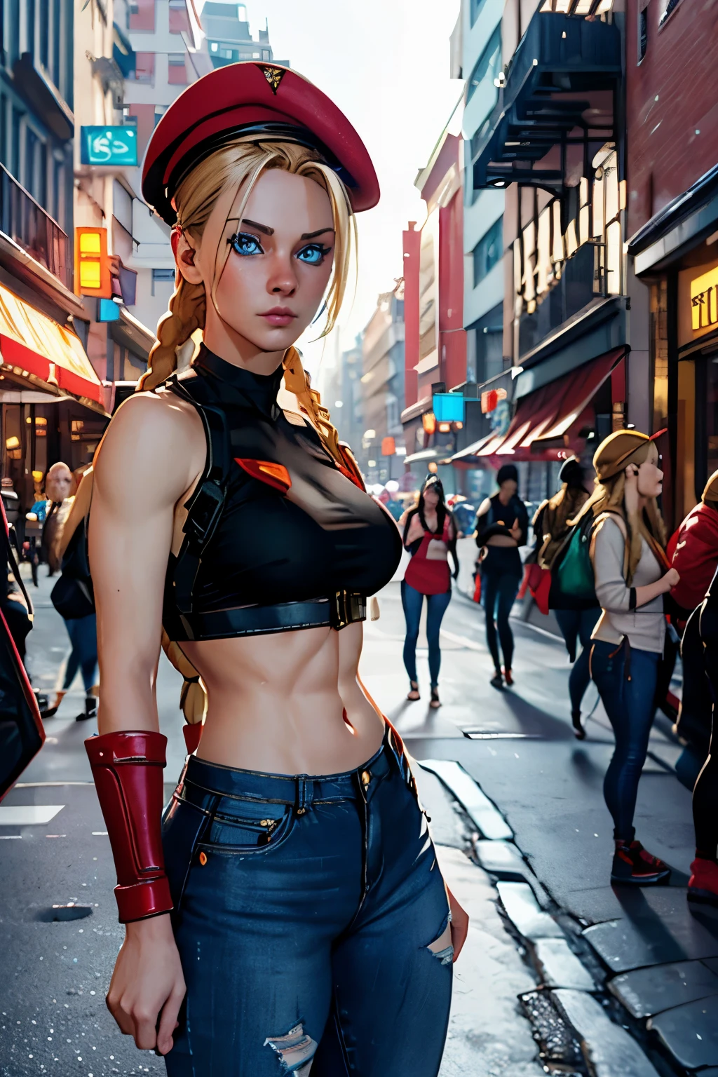 Photo of cammyst in a urban busy street, sparkle, with her long blonde hair, blue eyes, and a jeans, crop top, sexy pose, standing, a red beret, red beret, and sporting a stylish braid at each side of her head, looking directly at the camera, closeup shot, cleavage