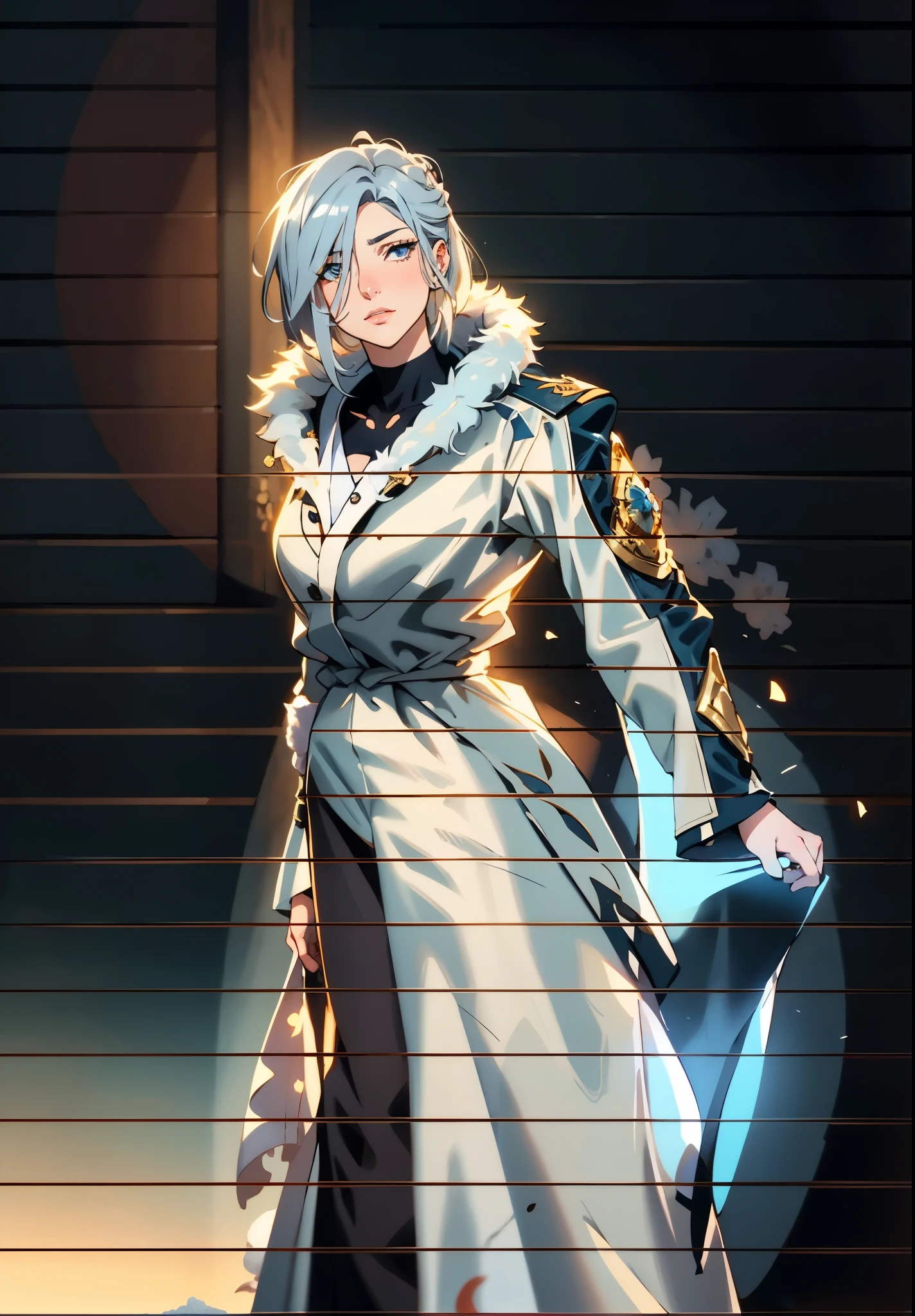 A woman with short silver-gray hair, thick bangs covering the right half of her face, delicate features, a serene expression, a simple floor-length gray-blue robe, with a thick white fur coat worn over it, long sleeves patterned like animal skeletons, standing amidst the falling snow of the mountains, this character embodies a finely crafted fantasy martial arts-style female cultivator in anime style, exquisite and mature manga art style, high definition, best quality, highres, ultra-detailed, ultra-fine painting, extremely delicate, professional, anatomically correct, symmetrical face, extremely detailed eyes and face, high quality eyes, creativity, RAW photo, UHD, 32k, Natural light, cinematic lighting, masterpiece-anatomy-perfect, masterpiece:1.5