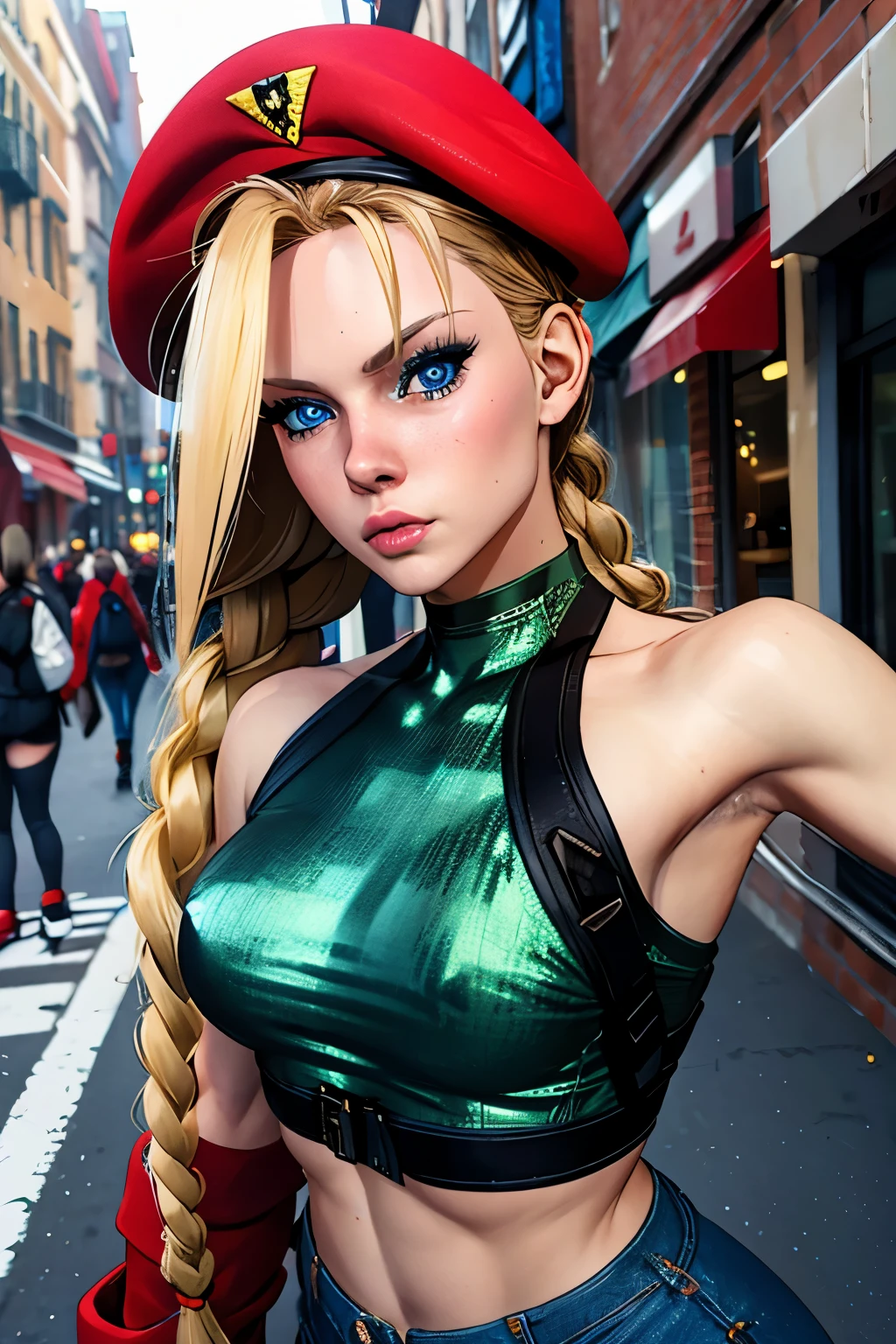 Photo of cammyst in a urban busy street, sparkle, with her long blonde hair, blue eyes, and a jeans, crop top, sexy pose, standing, a red beret, red beret, and sporting a stylish braid at each side of her head, looking directly at the camera, closeup shot, cleavage