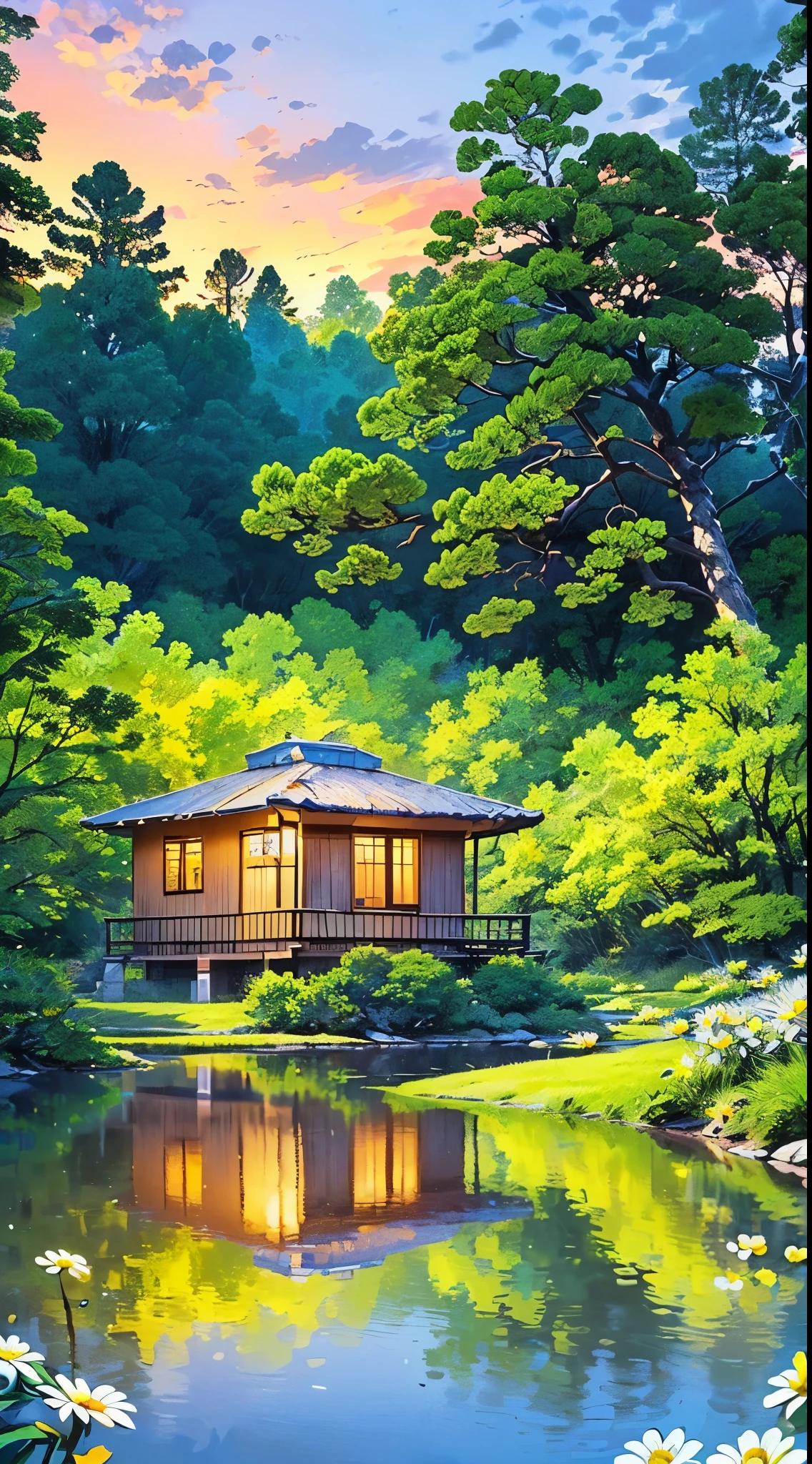 (masterpiece:1), (full wide view:1.5),(a beautiful hut located near a lake in the jungle:1.6), (lo-fi vibe:1.3), (sunset scene:1.5), (movie scene:1.3), silence, (reflection and ripples in water:1.4), (soft bright glow of orange and yellow tones:1.4), magnificent sky, (volumetric light:1.2), peaceful, (daisy flowers growing around lake:1.5), (nature:1.3), (ghibli style:1.3), (Green giant mountains in surroundings:1.5), (blue yellow orange palette cloudy sky:1.4), (beautiful aesthetics:1.2),(giant deodar trees in the foreground :1.4), beautiful tones, subtle colors, peaceful, (illustration: 1.0), epic composition, realistic lighting, (no human:1.6), HD details, masterpiece, best quality, ,