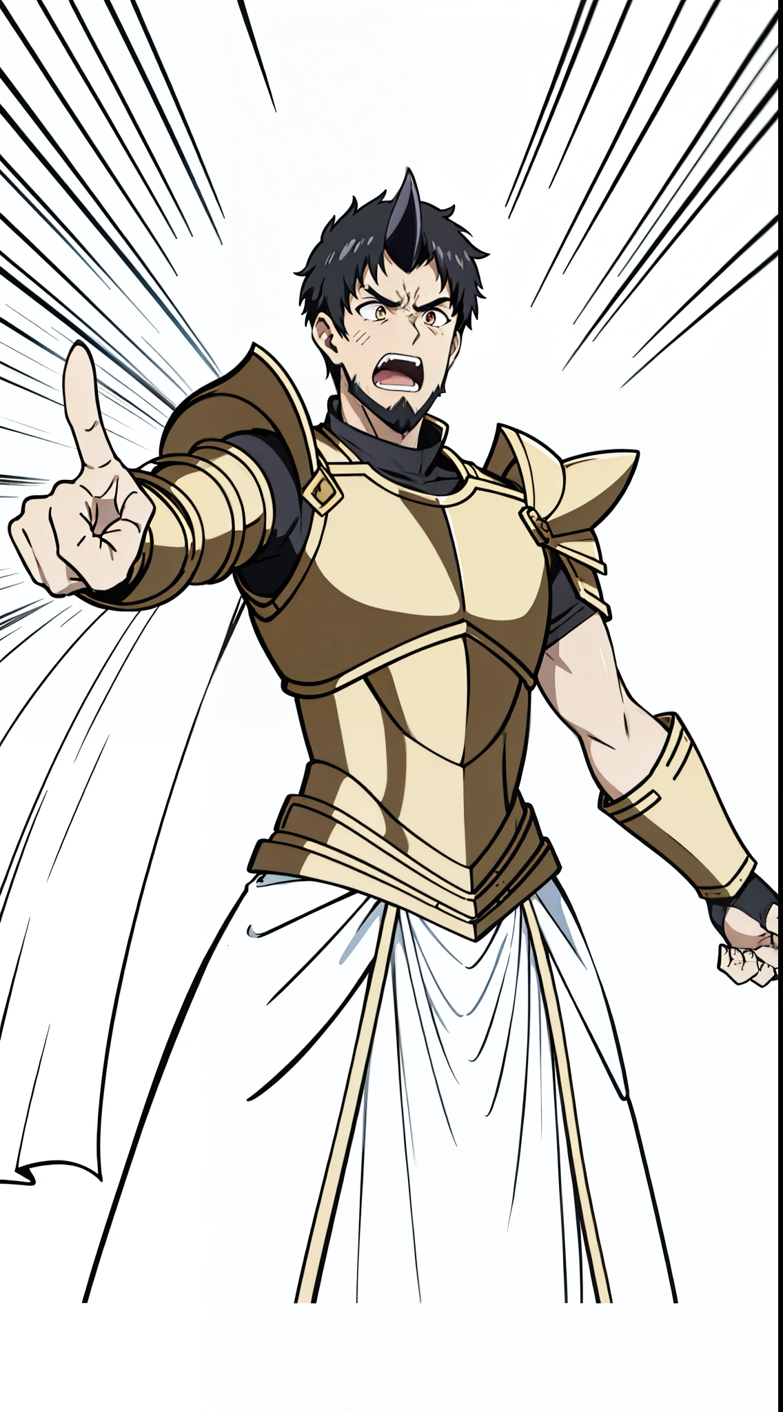 1boy,20 years old,black horn,short hair,black hair,goatee,(golden armor),(white background,line drawing),angry,open mouth,reaching out,upper body,