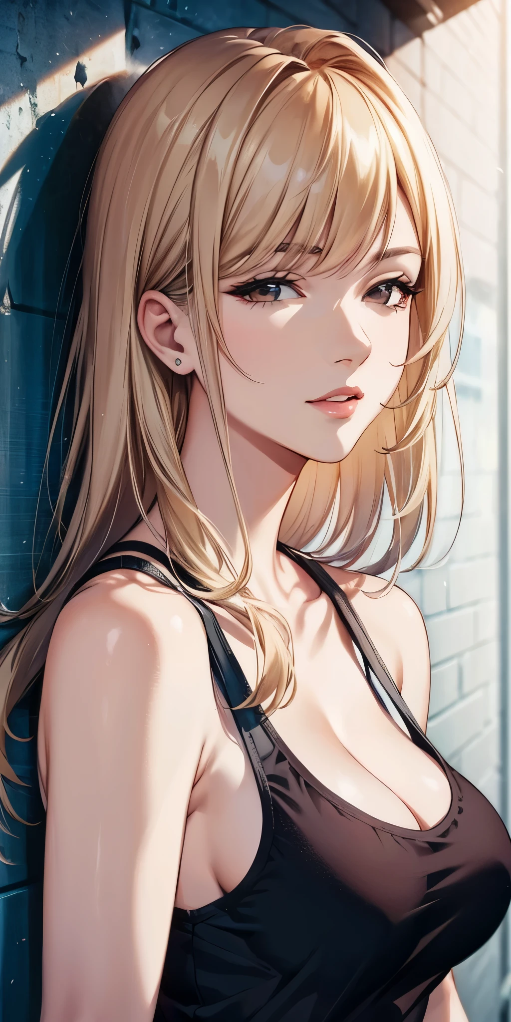 portrait, elegant mature woman, brown eyes, long straight hair, swept-side bang, [[brown hair]], blonde hair, big breast, tank top, high resolution 8k, beautiful cg