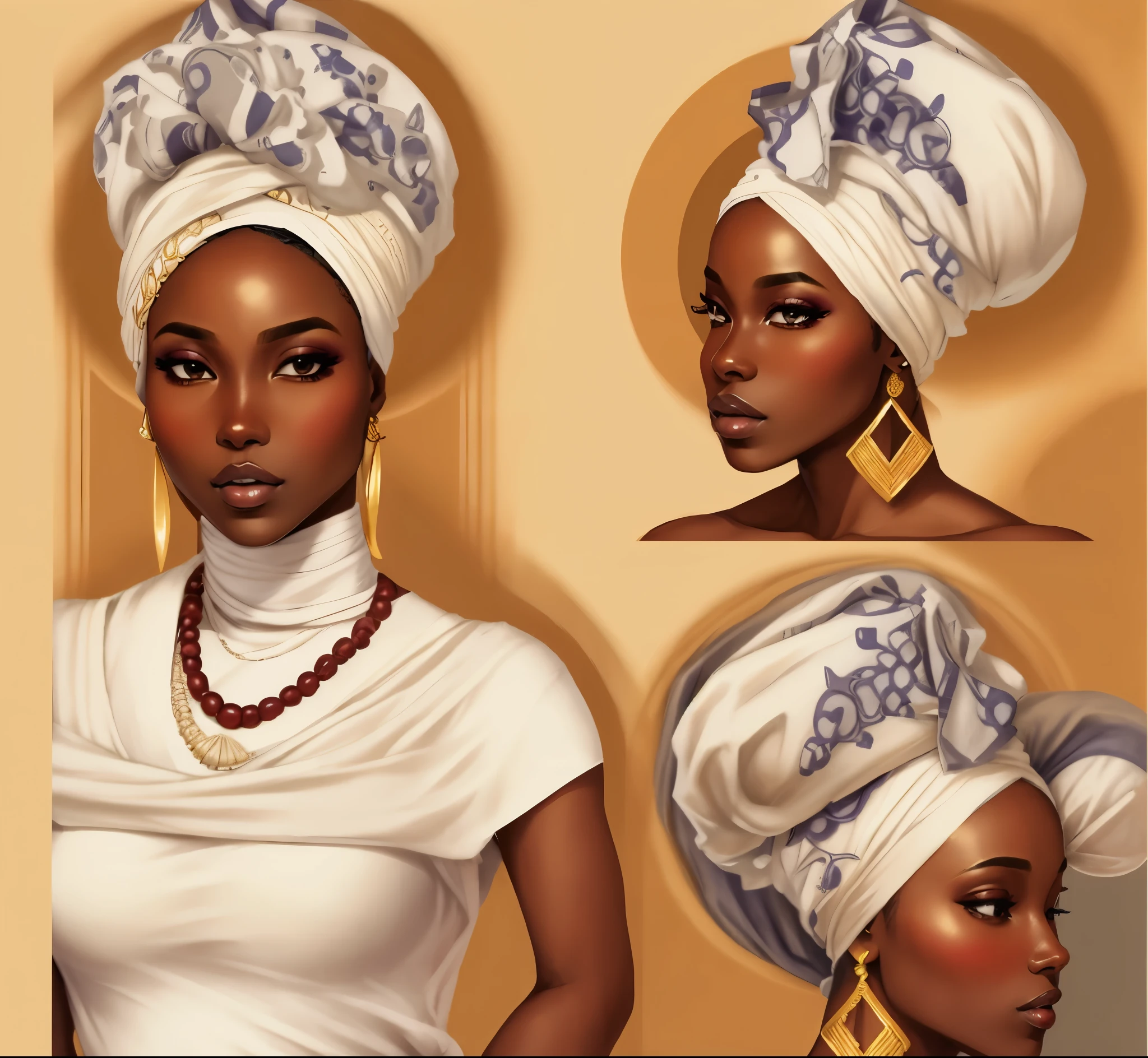 a close up of a woman wearing a white head wrap, cloth head wrap, ornate turban, african queen, head scarf, wearing a head scarf, african, inspired by Makoto Aida, turban, covered!! hair, ( ( dark skin ) ), stunning african princess, covered head, traditional beauty, wearing a turban, african princess, by Ella Guru, traditional female hairstyles