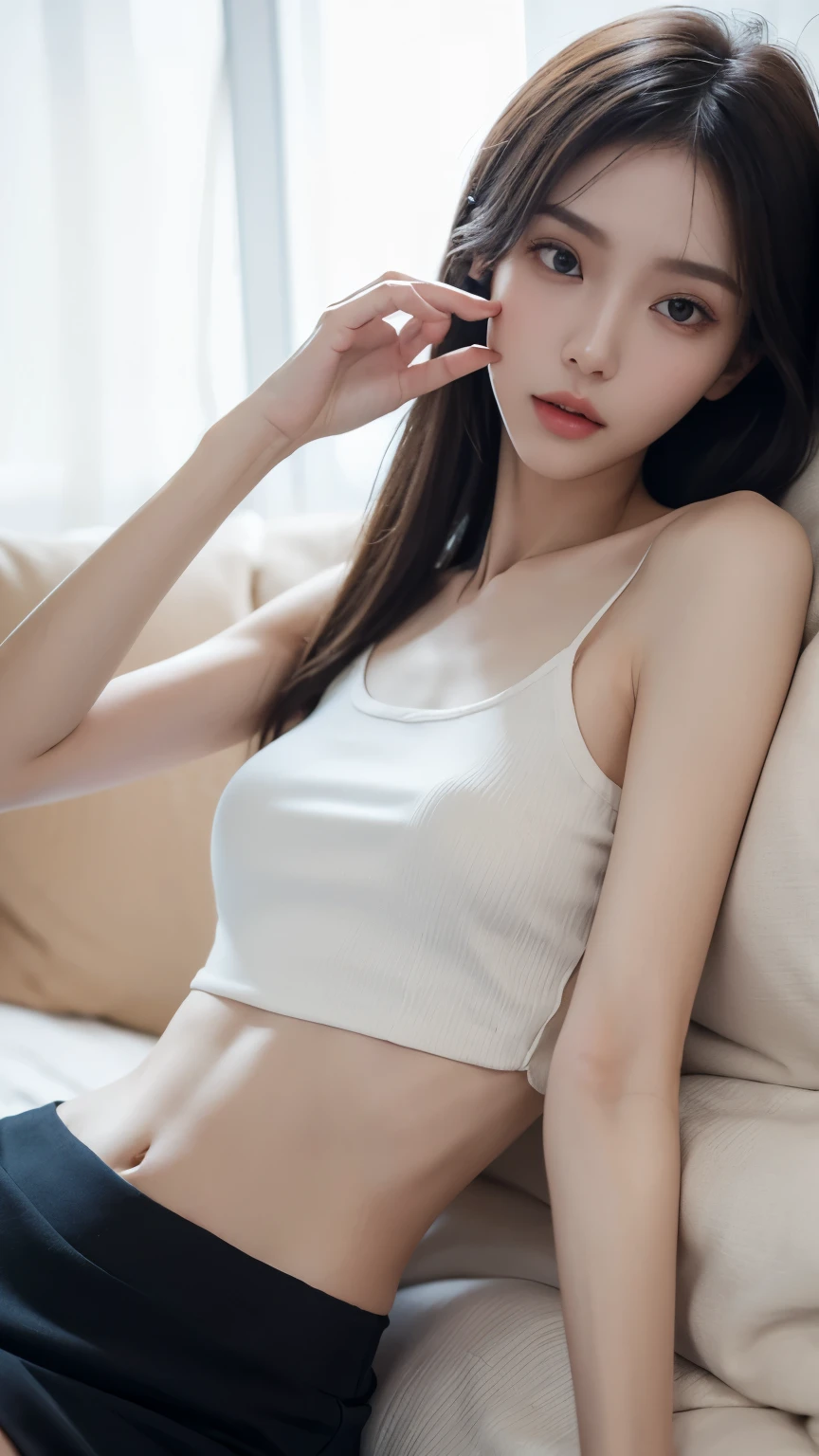 (Photorealistic),(Masterpiece),(ultra-detailed),a tall very beautiful and extremely thin girl who is literally just skin and bones because of being severely malnourished and looks so fragile and delicate and has big eyes and very small head, can see all her bones,completely lying down on the bed,she has very small and thin body frame and legs,wearing loose crop t-shirt and a loose skirt,extremely slender build,hands on stomach because of being so hungry