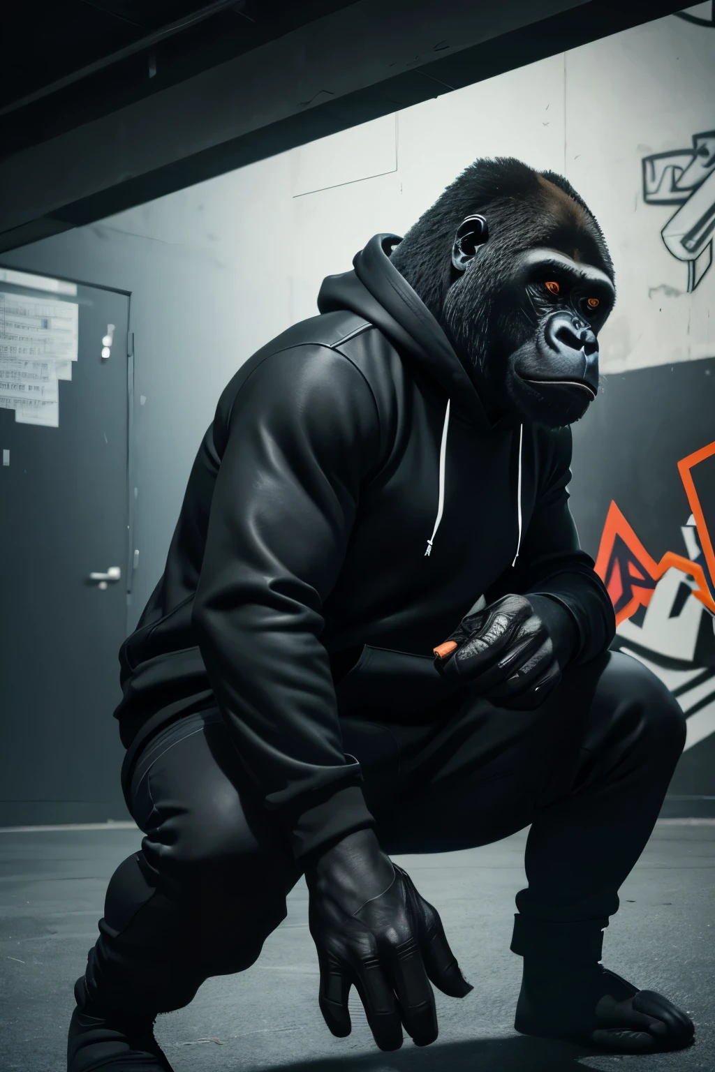 Craft a visual representation of a gorilla adorned in a sleek black hoodie. In the backdrop, incorporate either a fragmented wall or vivid graffiti, all rendered in 4K UHD resolution. This gorilla is the epitome of gym 