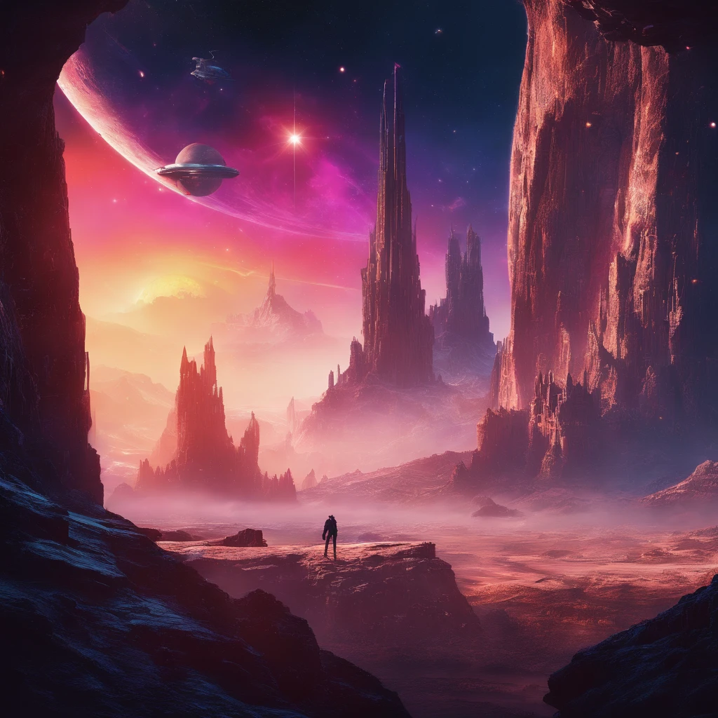 (best quality,highres,ultra-detailed,realistic,HDR,studio lighting,vivid colors,landscapes,portraits,sci-fi,concept artists,star war),a breathtaking landscape scene with a realistic depiction of a sci-fi world inspired by the concept artists of Star Wars. The scene is filled with stunning details and vibrant colors, showcasing the beauty and grandeur of the otherworldly setting. The landscape features vast mountains and towering cliffs, with a unique combination of futuristic architecture and natural elements. The studio lighting enhances the depth and realism of the scene, casting dramatic shadows and highlighting the intricate details of the world. The colors are vivid and dynamic, with a wide range of hues and tones that create a visually captivating experience. The overall atmosphere is both awe-inspiring and immersive, inviting viewers to explore and immerse themselves in this sci-fi masterpiece.