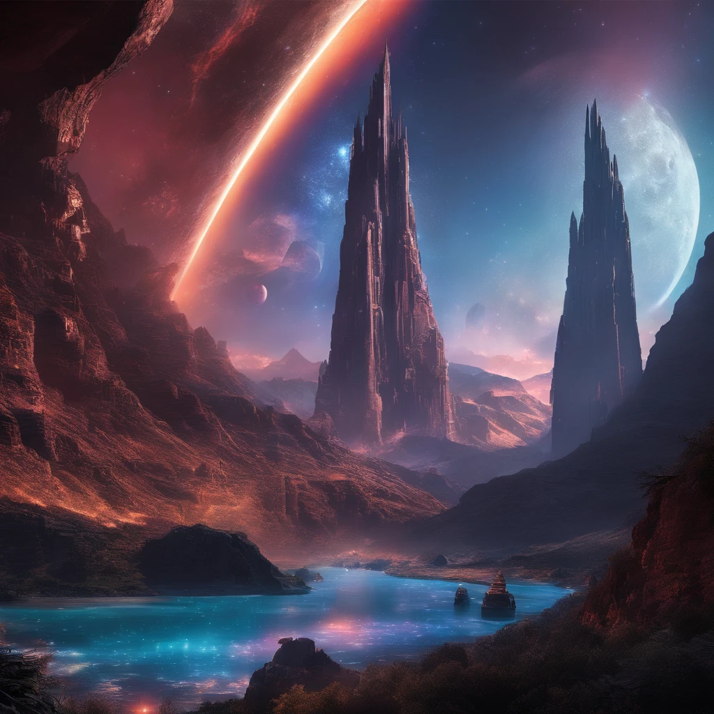 (best quality,highres,ultra-detailed,realistic,HDR,studio lighting,vivid colors,landscapes,portraits,sci-fi,concept artists,star war),a breathtaking landscape scene with a realistic depiction of a sci-fi world inspired by the concept artists of Star Wars. The scene is filled with stunning details and vibrant colors, showcasing the beauty and grandeur of the otherworldly setting. The landscape features vast mountains and towering cliffs, with a unique combination of futuristic architecture and natural elements. The studio lighting enhances the depth and realism of the scene, casting dramatic shadows and highlighting the intricate details of the world. The colors are vivid and dynamic, with a wide range of hues and tones that create a visually captivating experience. The overall atmosphere is both awe-inspiring and immersive, inviting viewers to explore and immerse themselves in this sci-fi masterpiece.