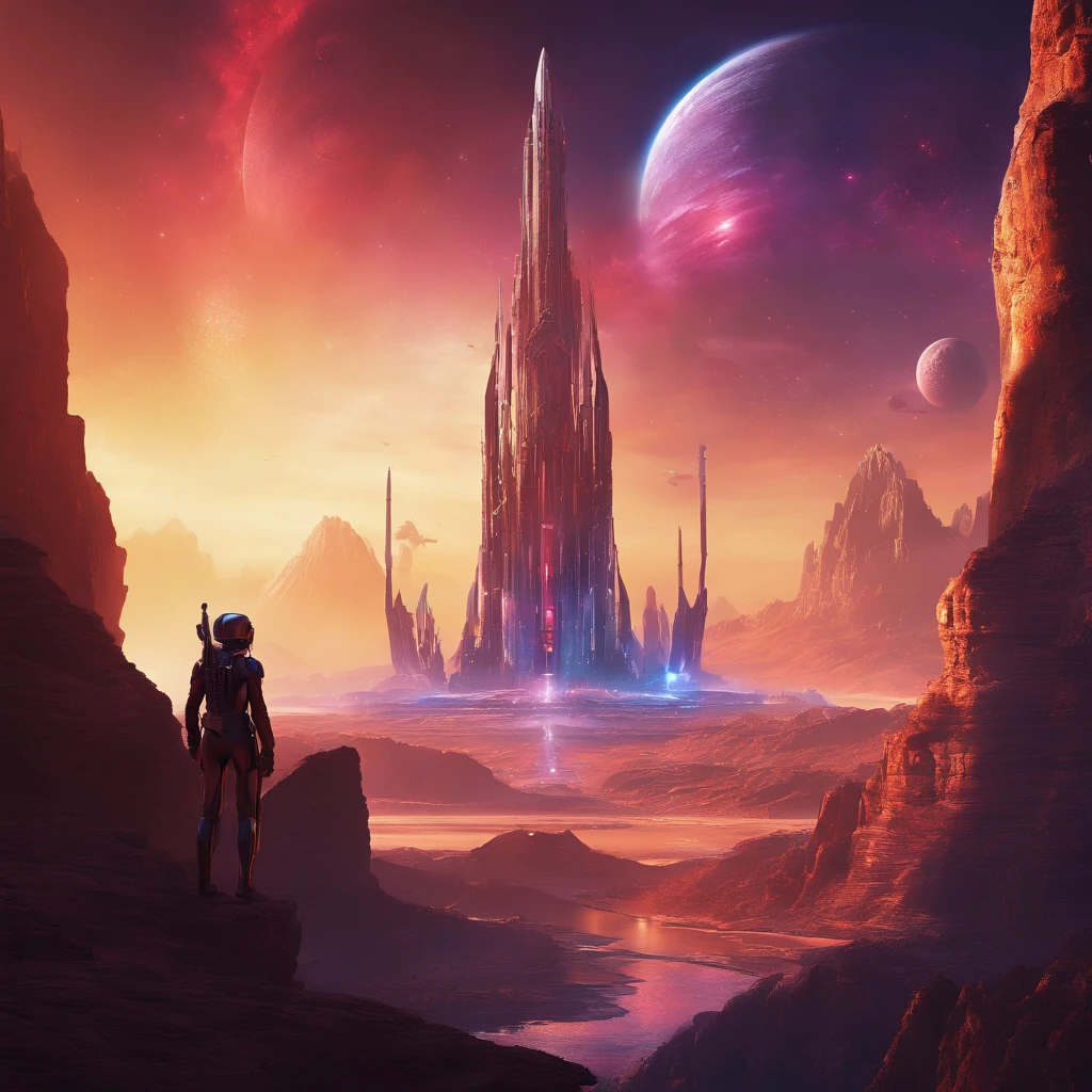 (best quality,highres,ultra-detailed,realistic,HDR,studio lighting,vivid colors,landscapes,portraits,sci-fi,concept artists,star war),a breathtaking landscape scene with a realistic depiction of a sci-fi world inspired by the concept artists of Star Wars. The scene is filled with stunning details and vibrant colors, showcasing the beauty and grandeur of the otherworldly setting. The landscape features vast mountains and towering cliffs, with a unique combination of futuristic architecture and natural elements. The studio lighting enhances the depth and realism of the scene, casting dramatic shadows and highlighting the intricate details of the world. The colors are vivid and dynamic, with a wide range of hues and tones that create a visually captivating experience. The overall atmosphere is both awe-inspiring and immersive, inviting viewers to explore and immerse themselves in this sci-fi masterpiece.