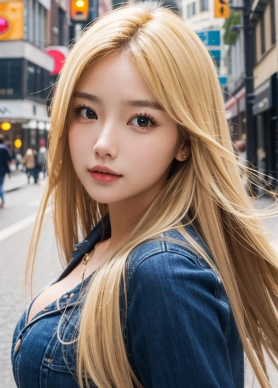(highest quality:0.8), (highest quality:0.8), Perfect Real, Extreme close-up of a pretty woman walking in the city、Height: 140cm,big breasts、blonde、young face、small face、