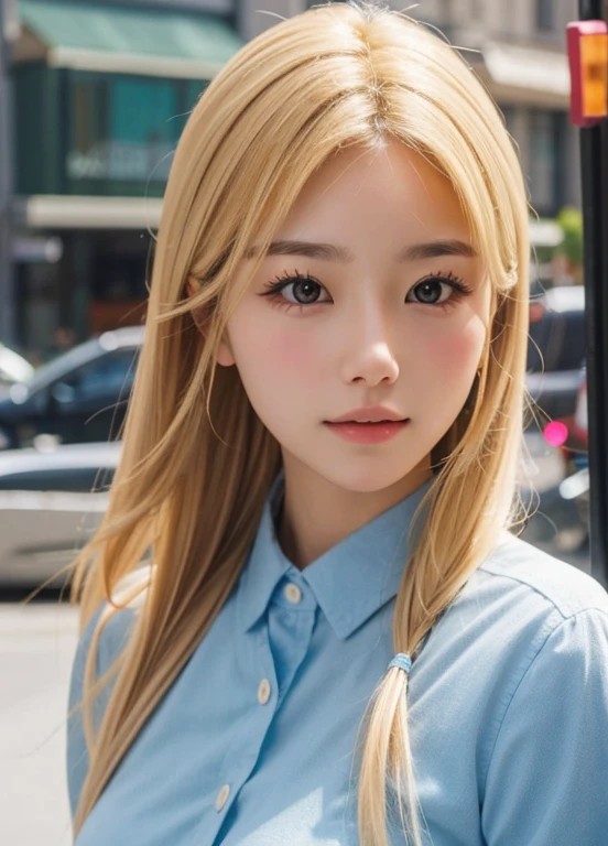(highest quality:0.8), (highest quality:0.8), Perfect Real, Extreme close-up of a pretty woman walking in the city、Height: 140cm,big breasts、blonde、young face、small face、