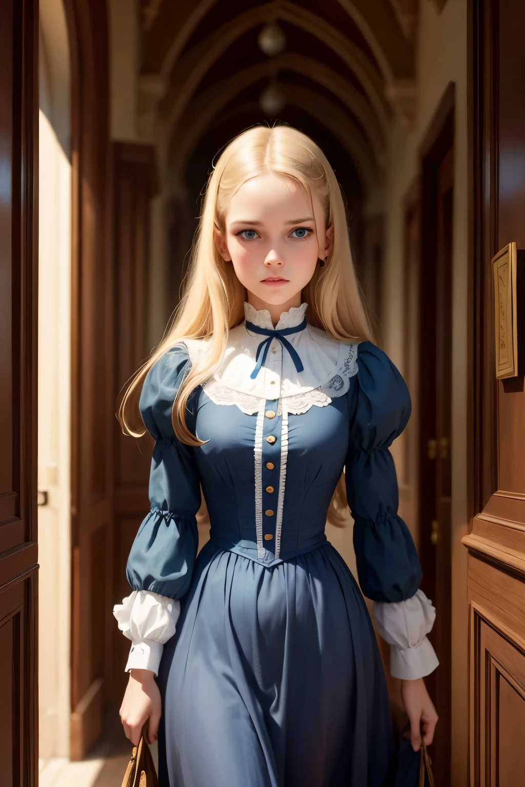 Victorian, lady, blonde hair, dark blue eyes