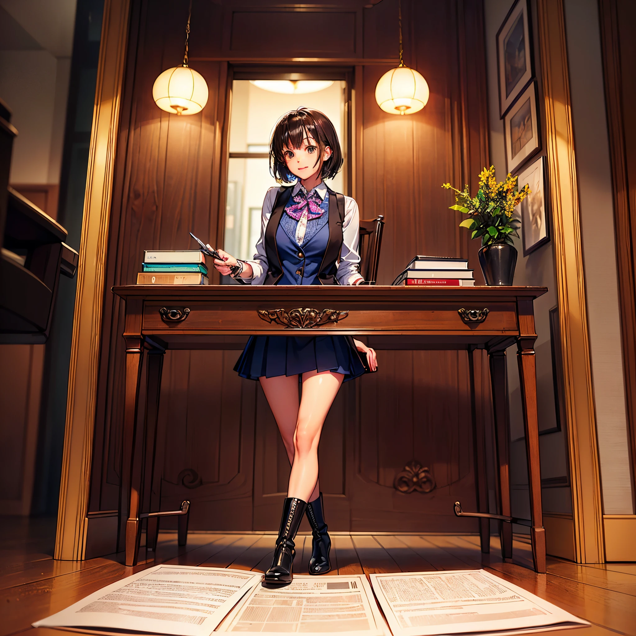 A fine girl, with black hair, she is wearing short shorts and a shirt, she's 18, her eyes are dark brown, coffee, she loves coffee, she is holding a cup of coffee, she is black, has dark skin, Globe World Earth (epic tMasterpiece, ultra highest quality, ultra highest resolution, ultra high-definition, distinct_image, very elaborate CG cinematic_lighting ray_tracing drop_shadows (photorealistic: 1.4), ultra high-quality textures fine-grained realistic face expression): (Epic gorgeous girl brown short hair bulb frange big sparkling eyes, Eye level shot, happy smile, beauty, slim body small size breasts, holiday, own room, console disco, computer, display, keyboard, mouse, long leather skirt, collared shirt, leather vest, handgun holder, carrying leather bag on your back, long boots, antique radio, coffee, model train, bookshelf, spacious yellowchair, Pots, fans, paintings, stuffed animals, ties, notebooks, stationery, vases, photo frames, letters, fountain pens, calendars, lamps, cushions, baskets, mirrors reflecting in profile, candles, telephone, fruit, newspapers, sweets, city Eiffel view outside the window), Pendulum clock frog, varied multi etc. --v6 --s1000 --c20 --q5 --chaos100