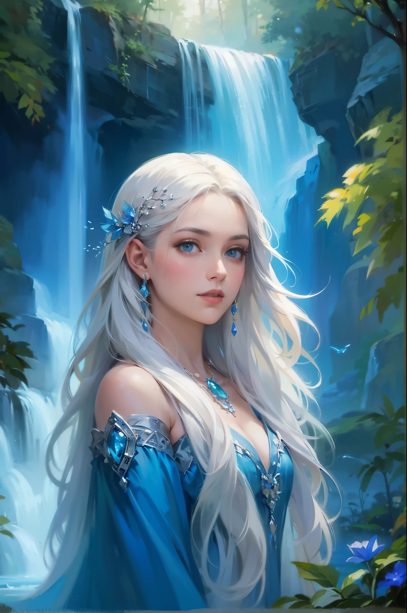 Create a mesmerizing digital painting depicting the serene beauty of an enchanted forest scene. Include a majestic waterfall with crystalline waters cascading down from rugged cliffs, surrounded by ancient trees and vibrant flora. In the center of the scene, portray a young woman of ethereal beauty, with flowing white hair and azure blue eyes, adorned with a shimmering blue crystal necklace. Capture her graceful presence as she interacts with the natural elements around her, infusing the forest with an aura of tranquility and magic.