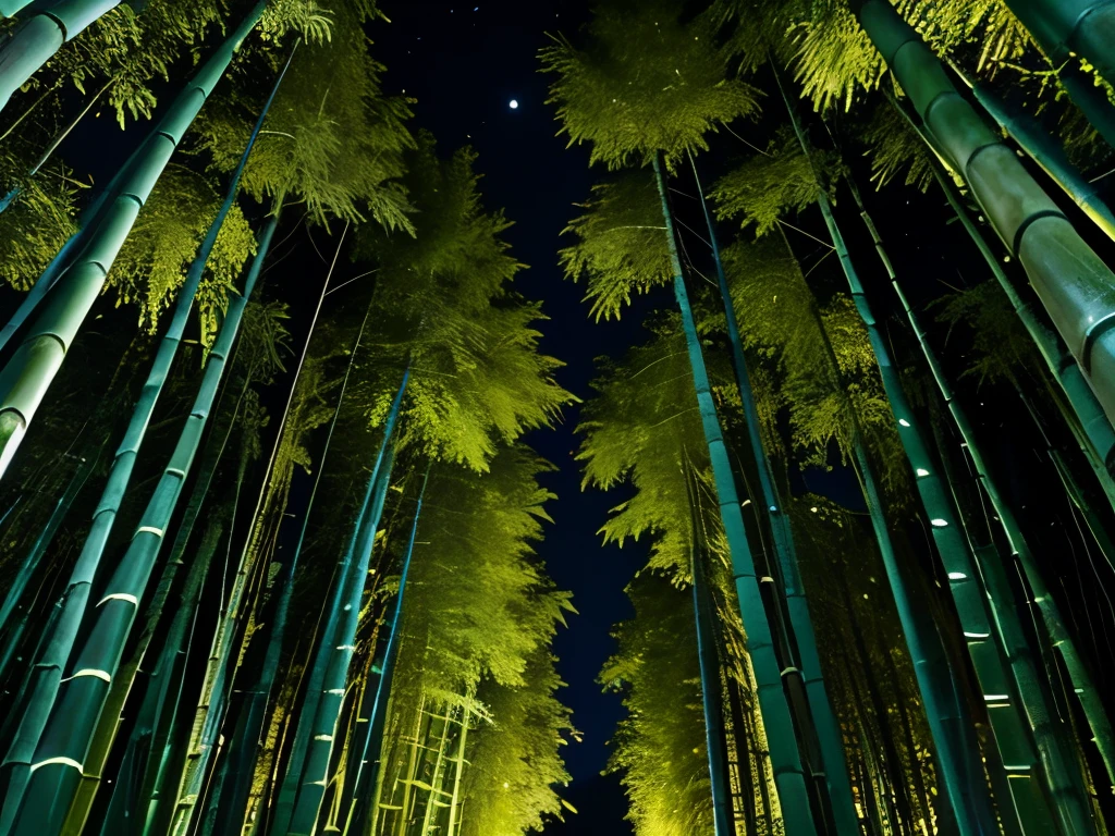 Silent Night, Quiet bamboo forest, bamboo leaves falling with the wind, full moon in the sky, Fireflies fly