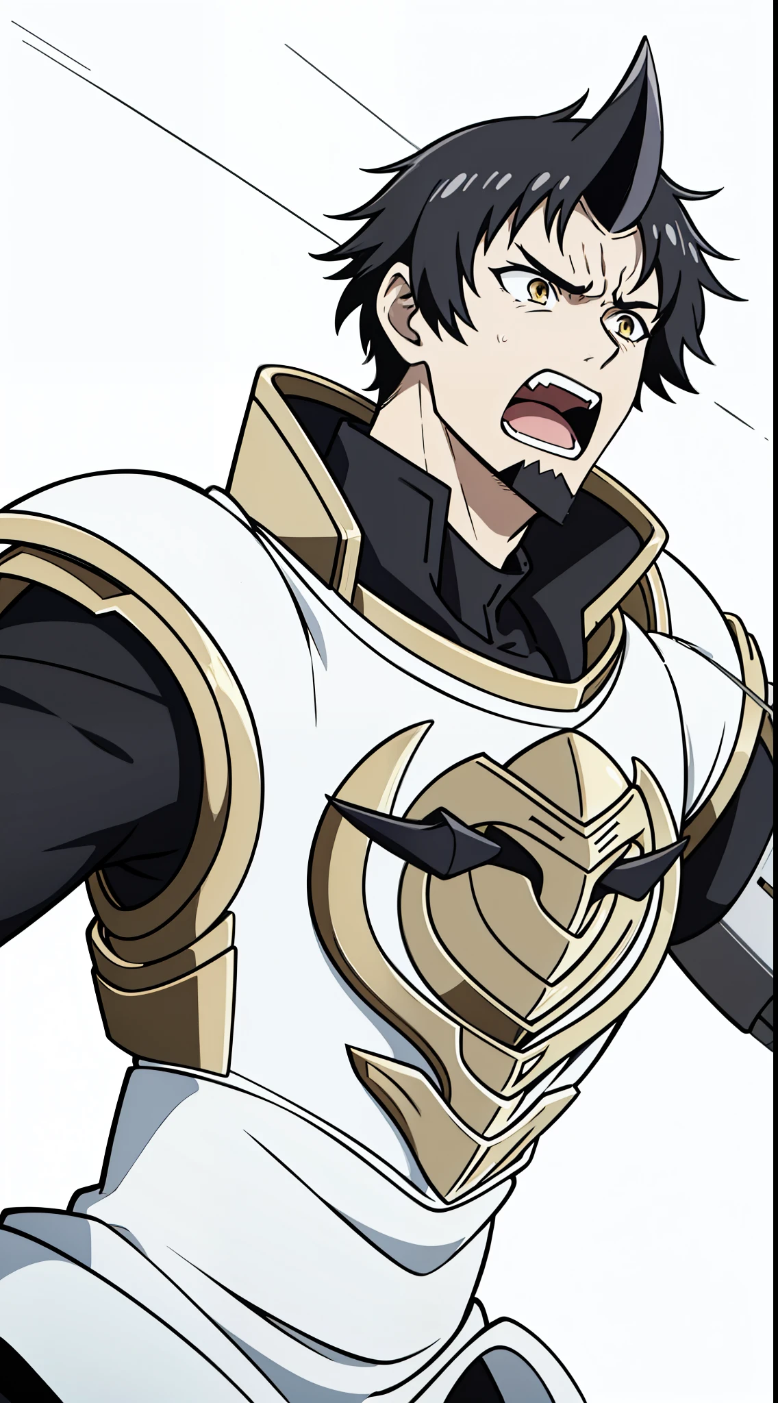 1boy,20 years old,black horn,short hair,black hair,goatee,(golden armor),(white background,line drawing),angry,open mouth,reaching out,upper body,attacking