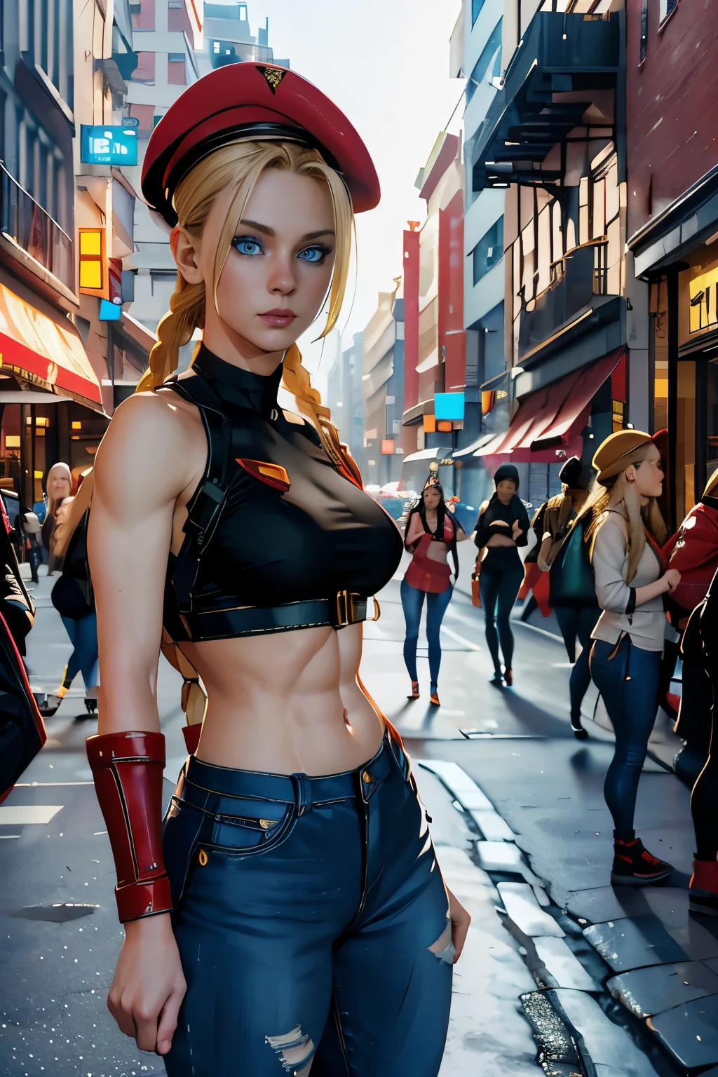 Photo of cammyst in a urban busy street, sparkle, with her long blonde hair, blue eyes, and a jeans, crop top, sexy pose, standing, a red beret, red beret, and sporting a stylish braid at each side of her head, looking directly at the camera, closeup shot, cleavage