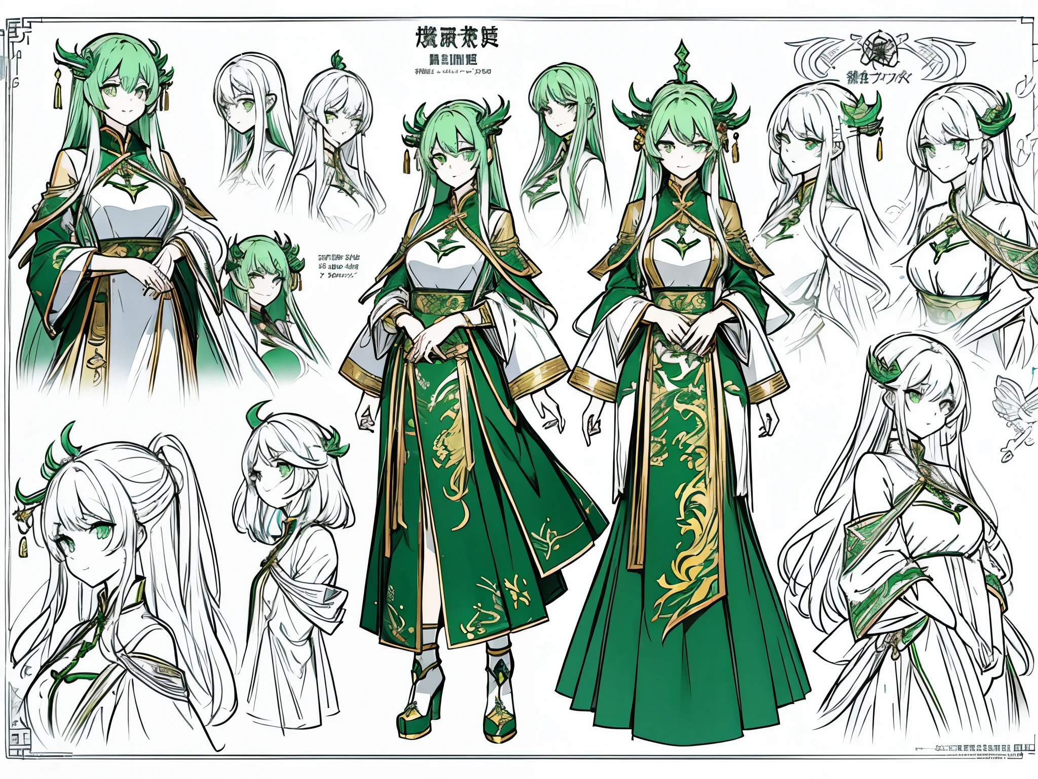 20th generation women、green hair、long hair、green eyes、dragon horn、golden hair ornament、white cheongsam(slit)、A big smile、mouth closes、character sketch、concept art、Reference sheet