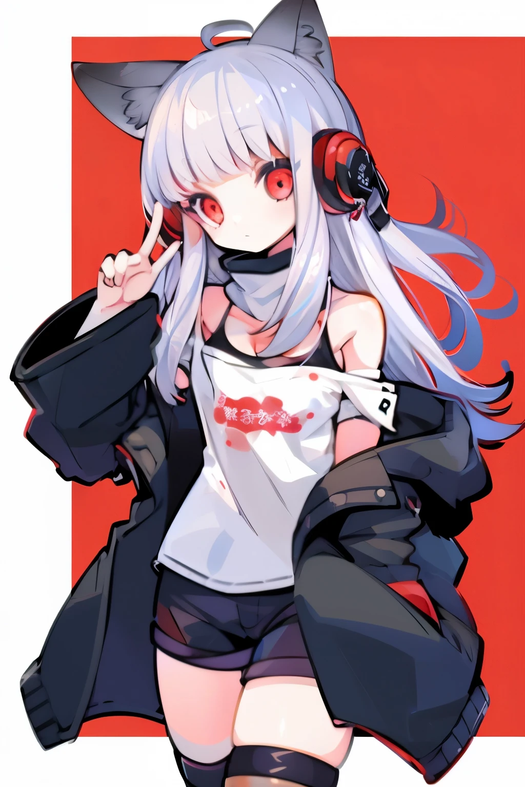 table top, highest quality, High resolution,
1 girl, futaba sakura, sharp bangs, silver hair, red eyes, Ahoge, small breasts,
headphones, behind-the-head headphones, white shirt, Jacket, off shoulder, fur trim, ファートリムJacket,  緑のJacket, shorts, thighs thighs thighs, Knee-high boots,White fox ears，have a rifle，
 cowboy shot,golden hour,An illustration