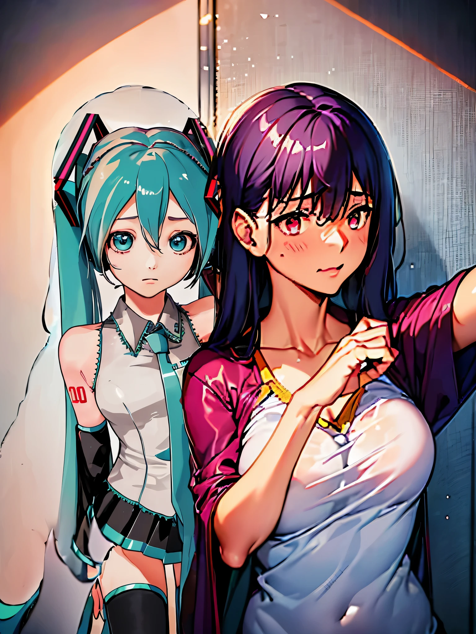 They are two people who take a selfie in front of the mirror, The boy on the left looks at the girl on the right，Girl holding cell phone in her hand, (ayamesakura1), (hatsunemiku)