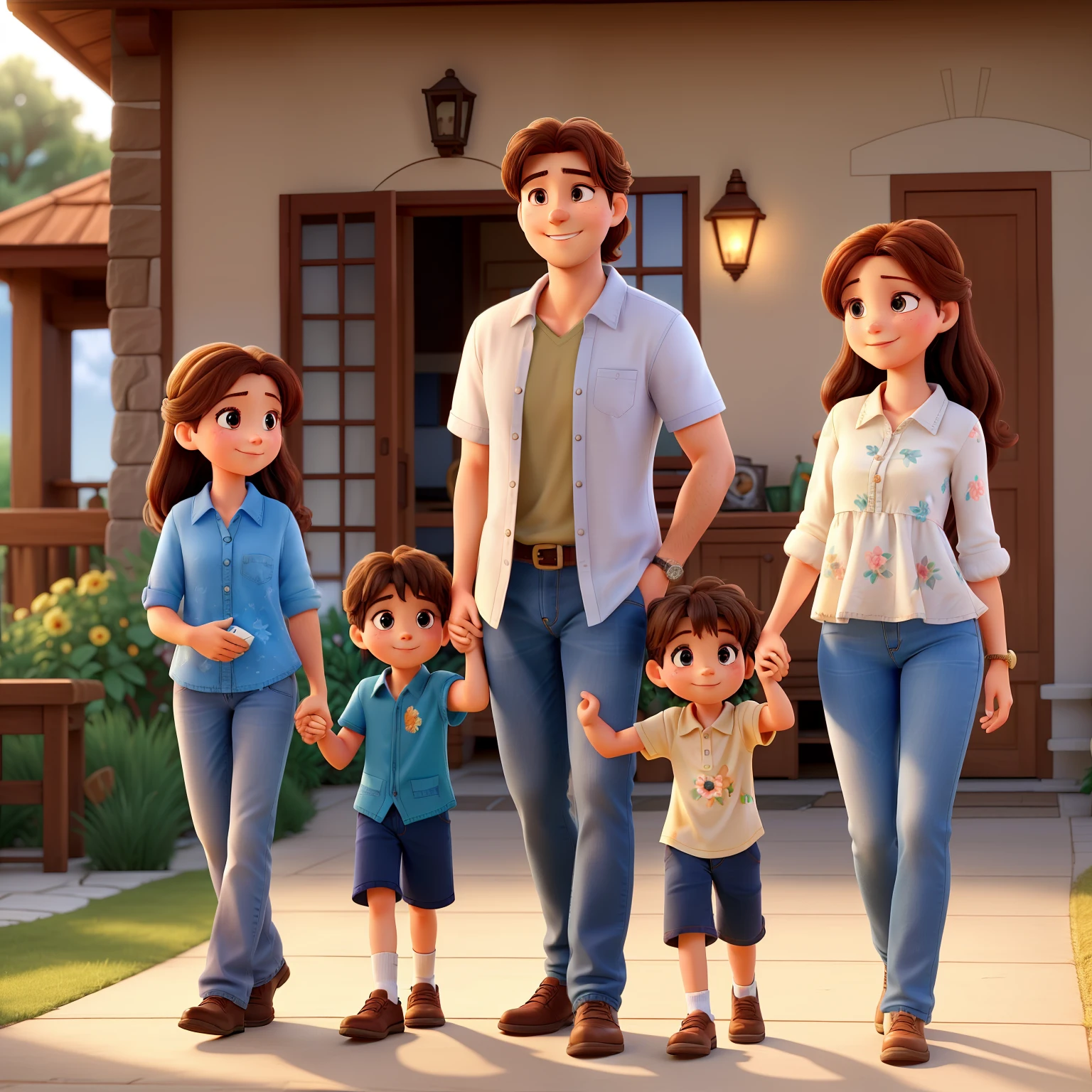 In the heartwarming scene, a family of four stands together under the gentle sunlight, their faces illuminated with radiant smiles. The father, a man in his late thirties, with a strong and handsome build, wears a casual shirt and jeans, his eyes filled with love and pride as he gazes at his beloved wife and children.
The mother, with an elegant beauty that radiates from within, is captivating in her floral sundress, her long, wavy hair cascading down her back. Her hands are gently holding the small hands of their two young sons, a picture of devoted motherhood.
The eldest son, a charming seven-year-old boy