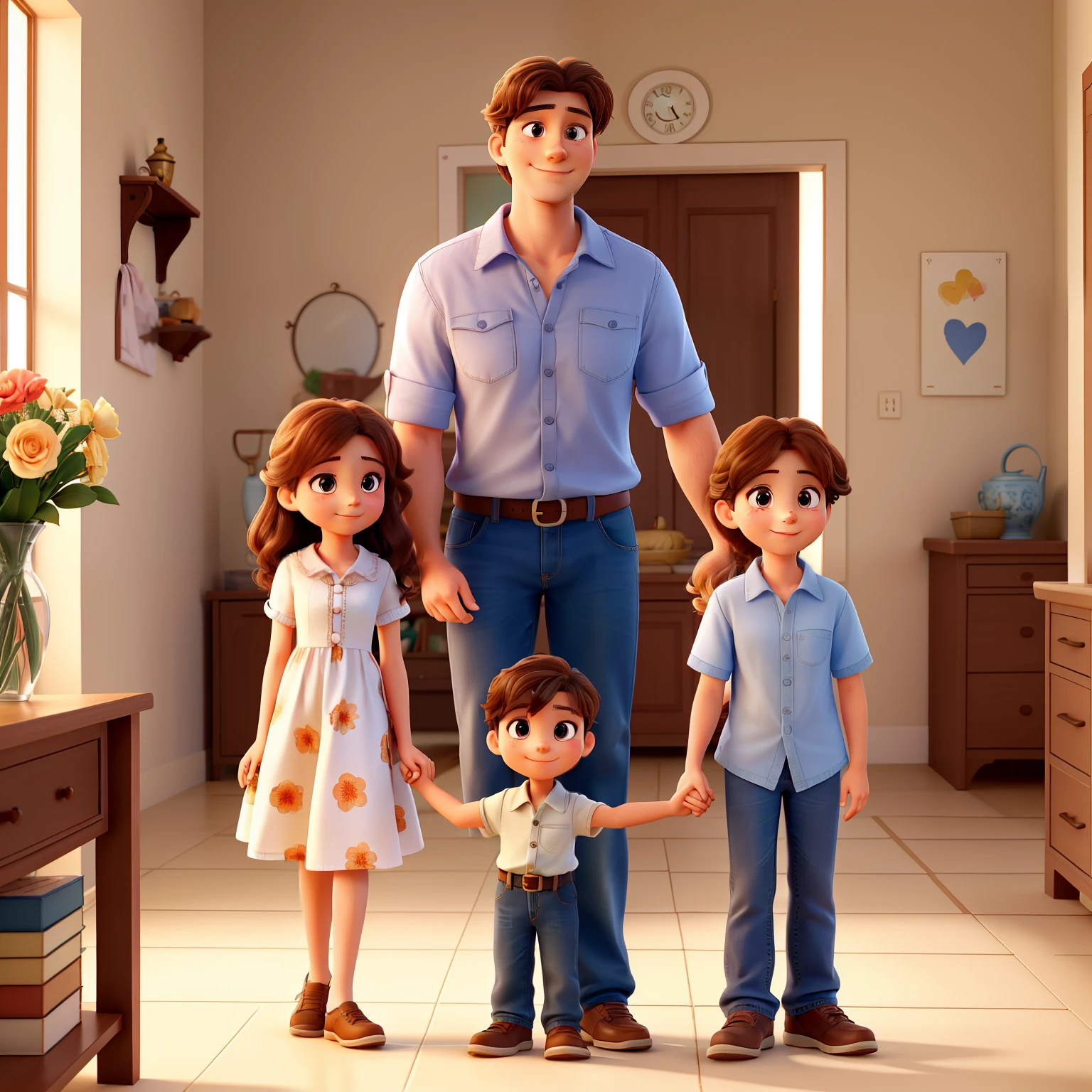In the heartwarming scene, a family of four stands together under the gentle sunlight, their faces illuminated with radiant smiles. The father, a man in his late thirties, with a strong and handsome build, wears a casual shirt and jeans, his eyes filled with love and pride as he gazes at his beloved wife and children.
The mother, with an elegant beauty that radiates from within, is captivating in her floral sundress, her long, wavy hair cascading down her back. Her hands are gently holding the small hands of their two young sons, a picture of devoted motherhood.
The eldest son, a charming seven-year-old boy