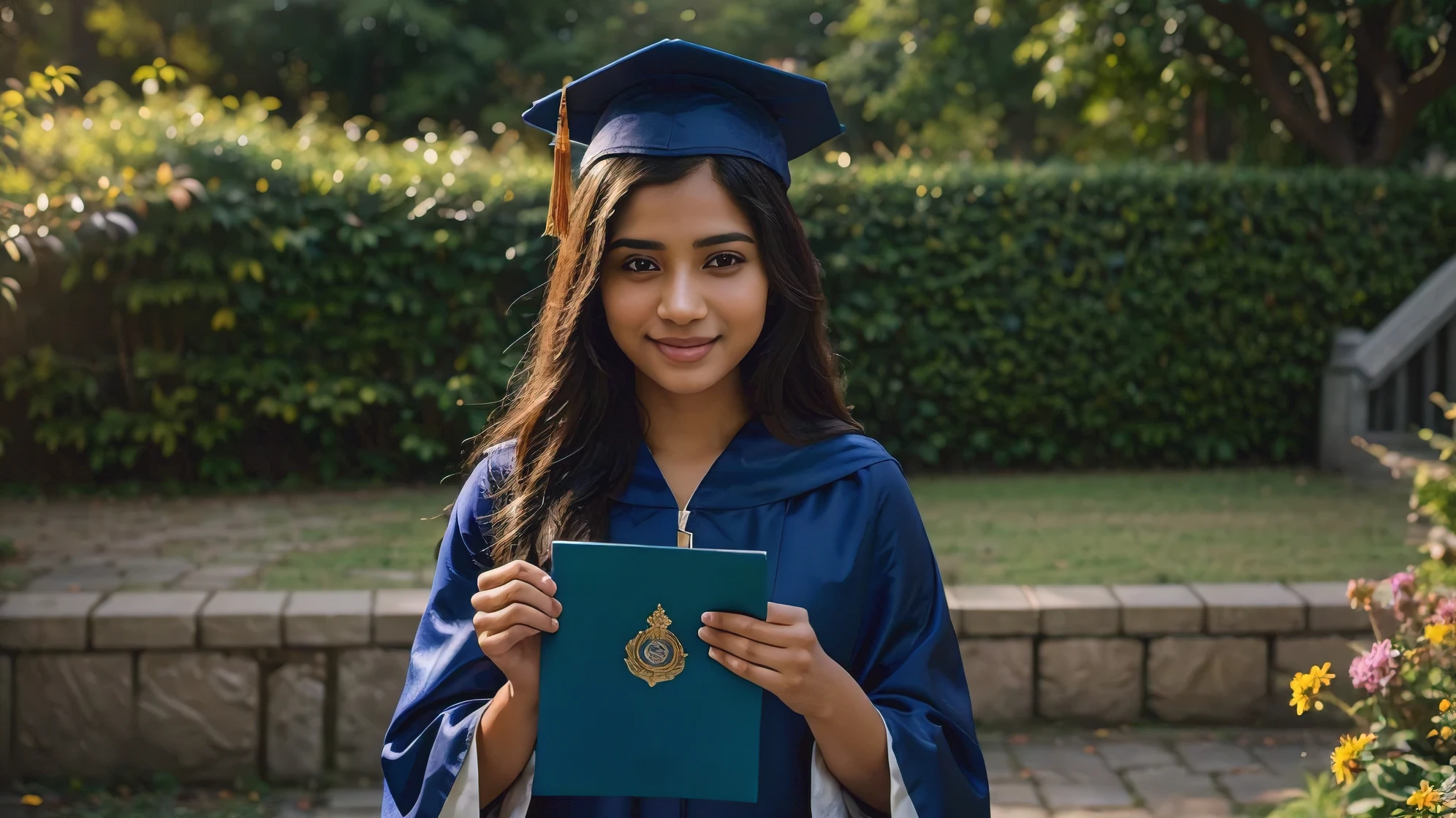 A female South Asian university graduate, with a beautiful blue cloak, holding a blue scroll, and wearing a happy expression on her face. The graduate is not wearing a graduation hat. The artwork is rendered in a highly detailed medium, such as oil painting or photorealistic digital illustration. The scene is depicted with the best quality, showcasing ultra-detail and realistic features. The artwork is professionally created with vivid colors and sharp focus. The overall color tone of the image is warm and inviting. The lighting is well-balanced, with natural sunlight illuminating the scene from a slightly high angle, casting soft shadows on the graduate's face.