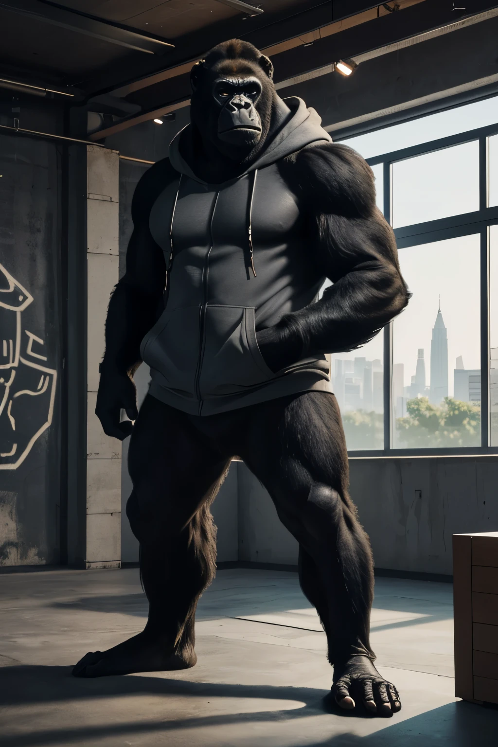 Gestalten Sie eine visuelle Darstellung eines Gorillas, who wears a stylish white hoodie. mockup. Im Hintergrund, Integrieren Sie entweder eine fragmentierte Wand oder ein lebendiges Graffiti, everything rendered in 4K UHD resolution. Dieser Gorilla ist der Inbegriff von cool und des Fitnessstudios