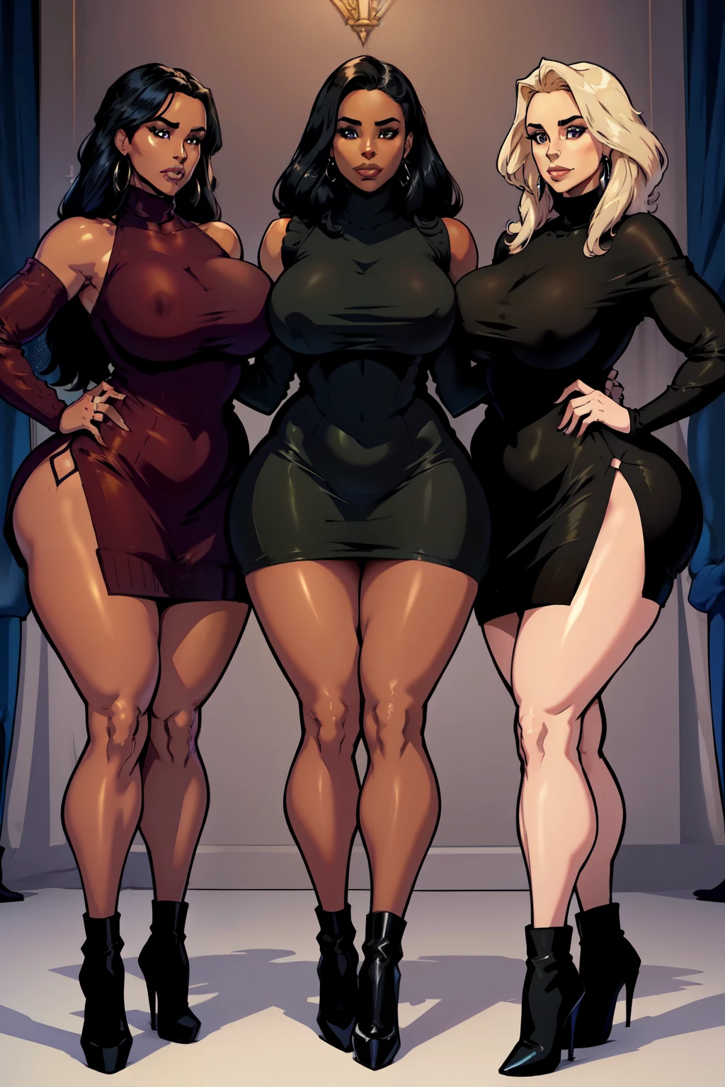 Dark-skinned women trio, trois femmes brunes, immense booty, grandes fesses, wearing sweater dresses, largas vestidos de suedas, --aspect ratio 1:1--,
Three alluring women, tres dames ravissantes, with abundant curves, grosesques voluptueuses, their dark skin glowing under the candlelight, peau noire brillantante, donning sweater dresses that cling to their figures, suede dresses hidden under the sleeves, --aspect ratio harmonized to 1:1--,
Their immense booties peeking out from the hem of their dresses