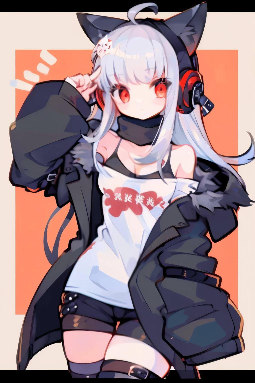 table top, highest quality, High resolution,
1 girl, futaba sakura, sharp bangs, silver hair, red eyes, Ahoge, small breasts,
headphones, behind-the-head headphones, white shirt, Jacket, off shoulder, fur trim, ファートリムJacket,  緑のJacket, shorts, thighs thighs thighs, Knee-high boots,White fox ears，have a rifle，
 cowboy shot,golden hour,An illustration