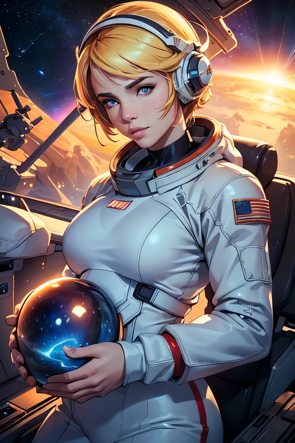 (best quality,4k,8k,highres,masterpiece:1.2),ultra-detailed,(realistic,photorealistic,photo-realistic:1.37),HDR,UHD,studio lighting,ultra-fine painting,sharp focus,physically-based rendering,extreme detail description,professional,vivid colors,bokeh,astronaut,blonde hair,great physique,perfect skin,deep blue eyes,beautiful lips,vibrant sunrise in outer space,glowing stars and nebulas,spectacular view of the Earth,futuristic spacesuit,reflection of sunlight on the astronaut's visor,sunlight streaming through the spacecraft's window,crystal-clear clarity of the spaceship's exterior,awe-inspiring vastness of space,expansive cosmic reach,celestial beauty,ethereal atmosphere,smooth surfaces and sleek design of the spaceship,wisps of interstellar clouds,faint glimmer of distant galaxies,pitch-black background dotted with shimmering stars,dynamic composition,striking contrasts,imaginative and awe-inducing landscape,meticulous attention to detail,impressive realism in every brushstroke,astonishing level of visual fidelity,impeccable craftsmanship,impressive depth and dimension,photographic precision in rendering,textural richness and variety,sumptuous color palette,subtle gradients and nuanced tones,atmospheric lighting effects,luminous glow of the Earth against the darkness of space,sense of wonder and exploration,captivating and inspiring artwork.