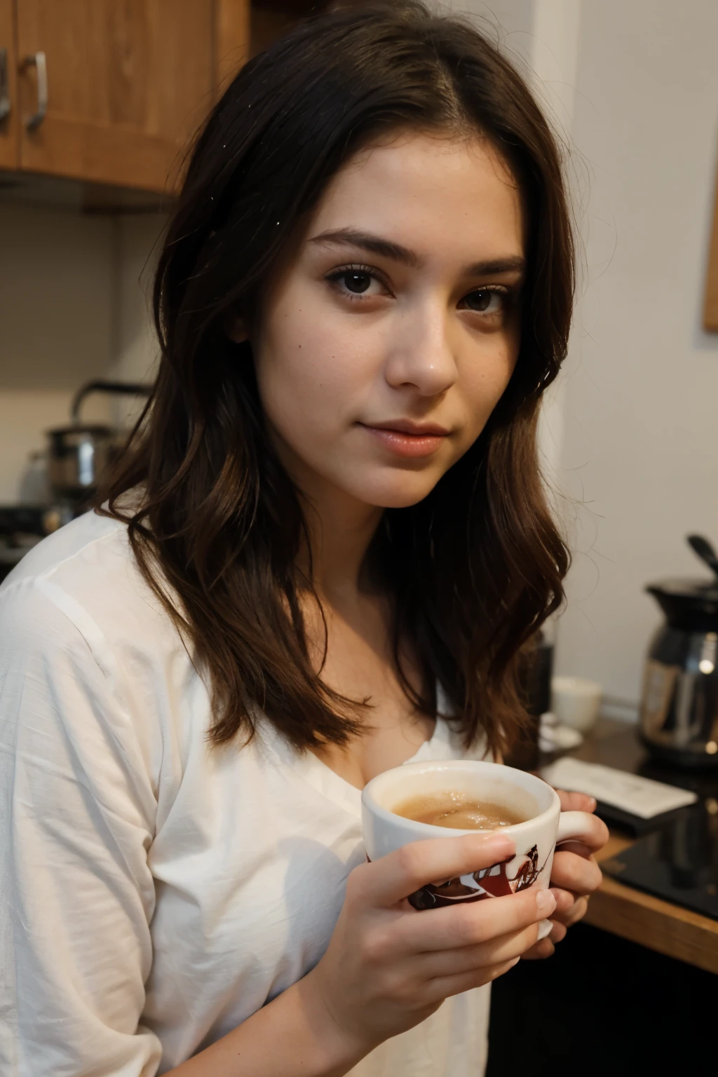 (francesa), (piel morena), (adolescente), (vestida), (drinking coffee)