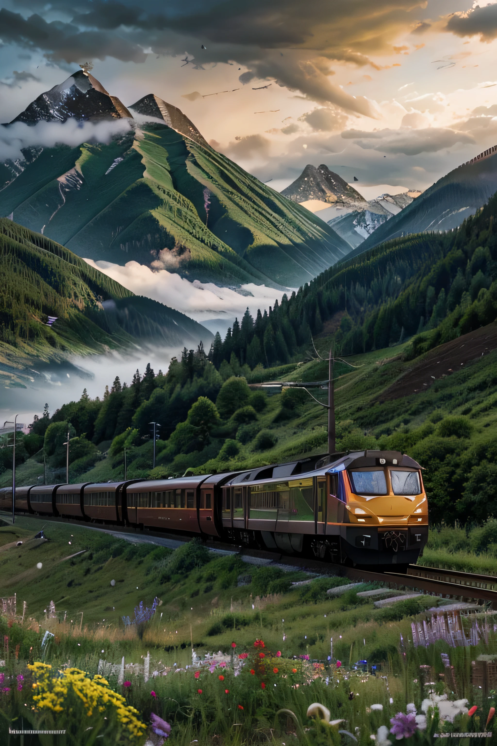 Trans Siberian Railway, electric train, dramatic weather, dramatic mountains, scenic surroundings, lush green grass and flowers, masterpiece, HDR, ultra-detailed, photorealistic, vibrant colors, atmospheric lighting