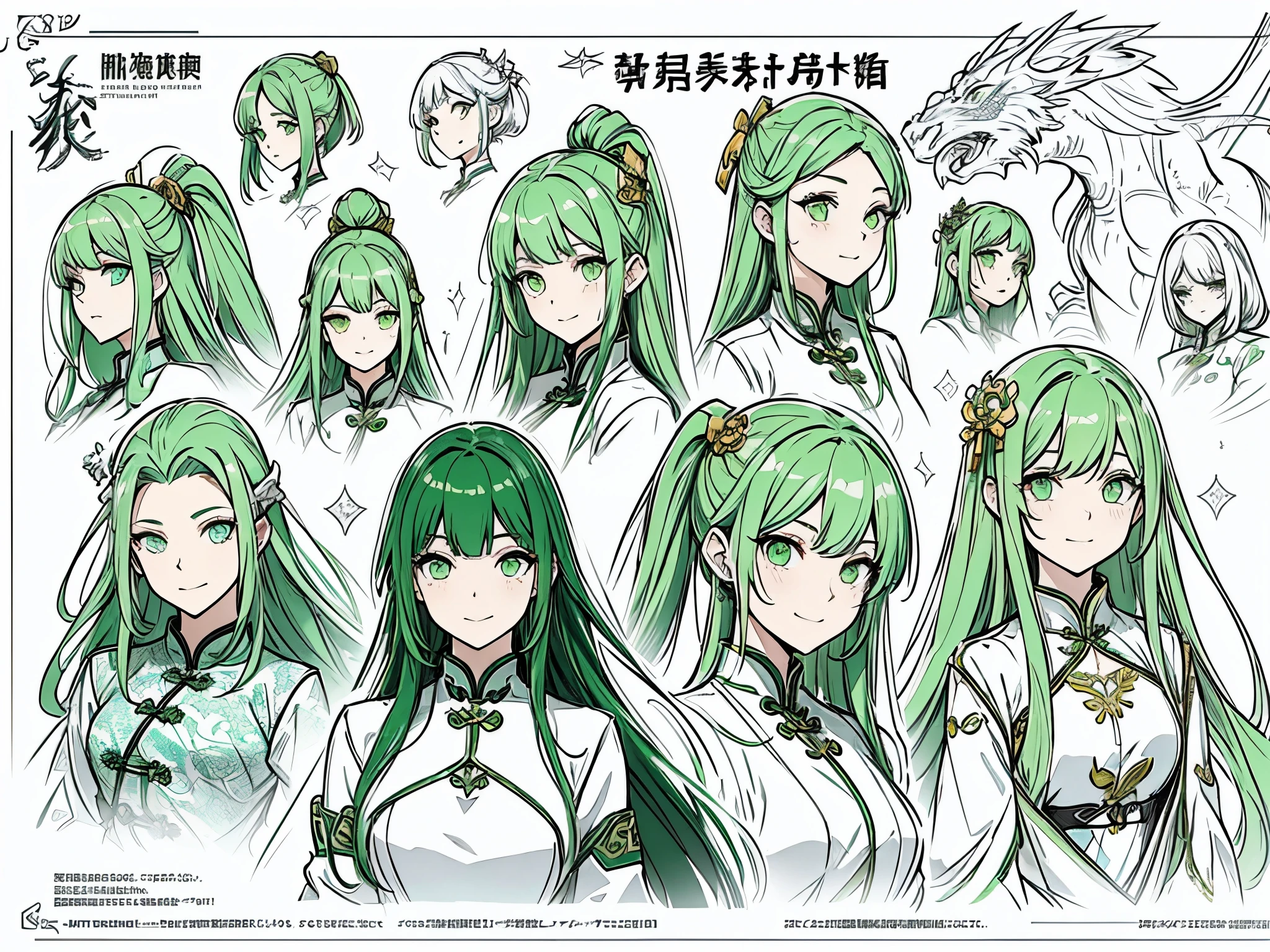 20th generation women、green hair、long hair、green eyes、dragon horn、golden hair ornament、white cheongsam(slit)、A big smile、mouth closes、character sketch、concept art、Reference sheet