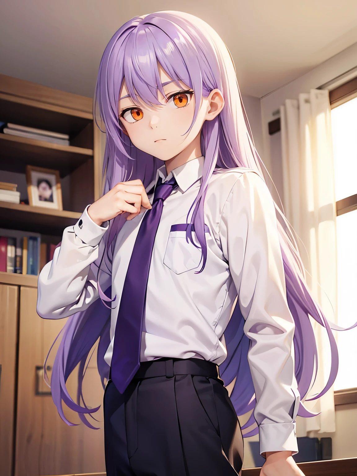 Light purple hair, teenager, tall, boy, school uniform, white shirt, dress pants, long hair, orange eyes, calm face, student, bedroom, guy, male