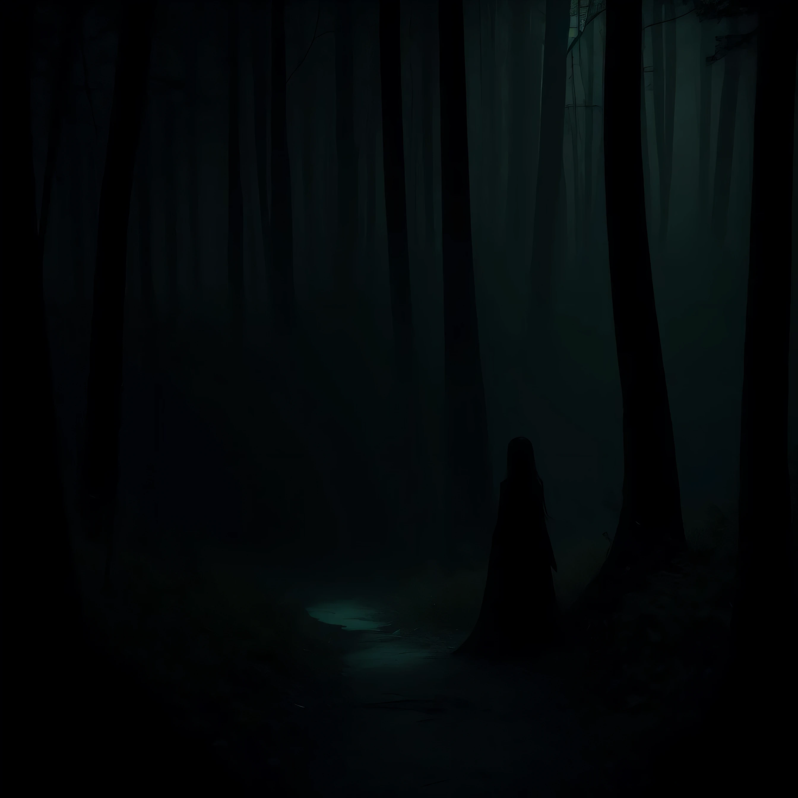 Design a dark, murky forest with a hidden figure or silhouette peering out from behind the trees, evoking a sense of mystery and anticipation. Mystic, dark, green smoked murky swamp, where a an ominous figure is lurking behind it with glowing eyes and long dainty sharp long fingers, with long think messy hair looking like a vendigo.