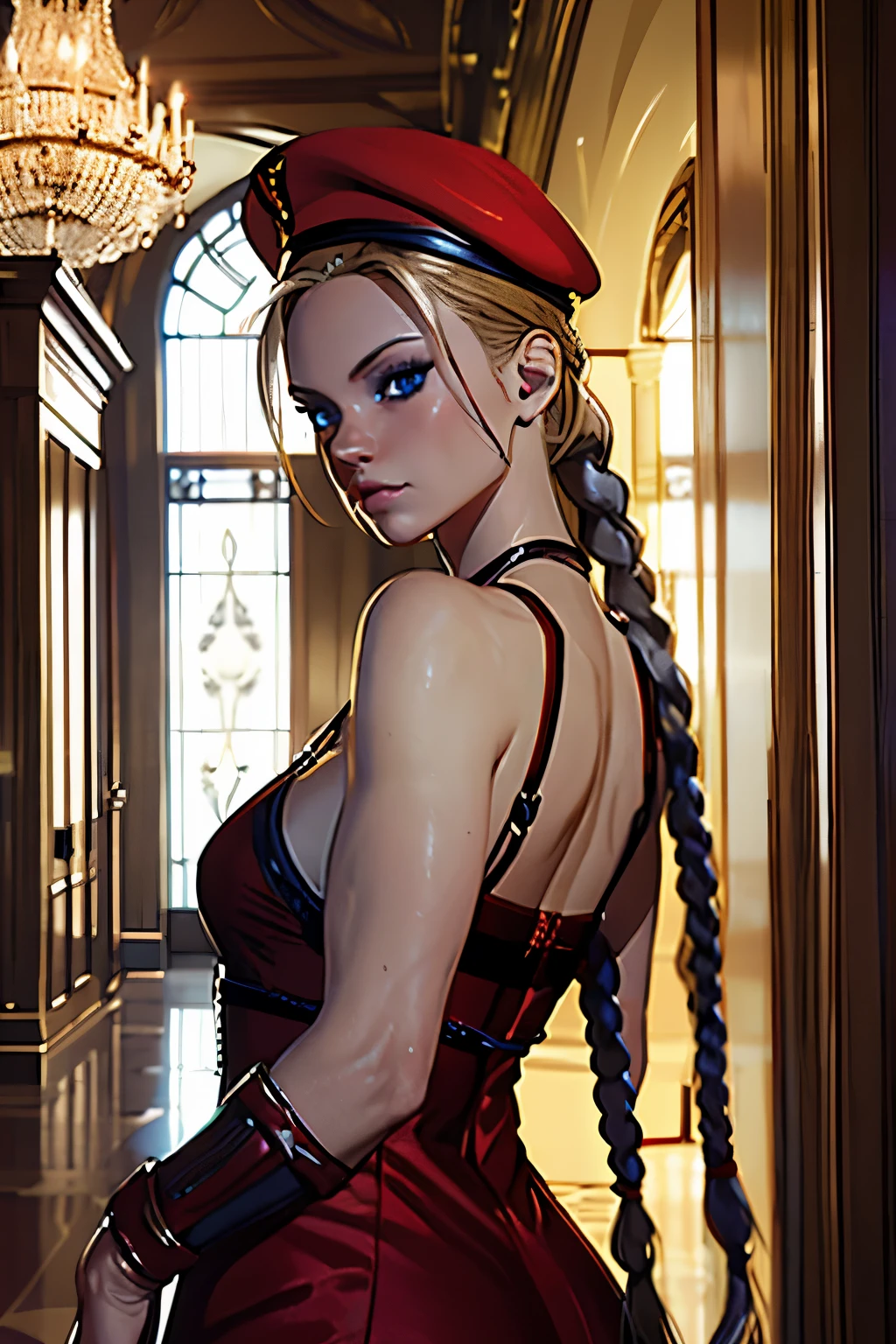 Photo of cammyst in a elegant hallway, chandalier, cinematic, sparkle, with her long blonde hair, blue eyes, and a sexy silver gown, sexy pose, standing, a red beret, red beret, and sporting a stylish braid at each side of her head, looking directly at the camera, closeup shot, cleavage