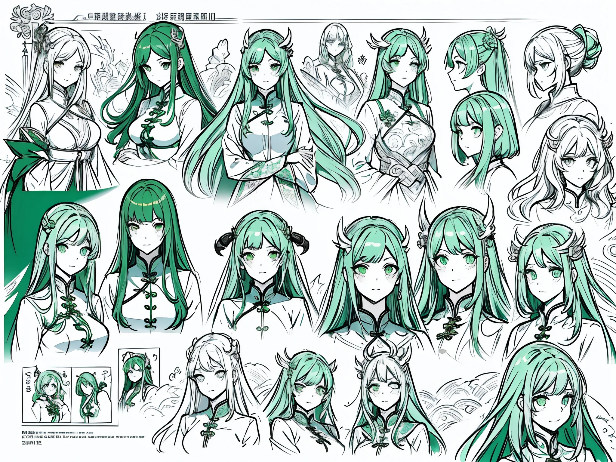 20th generation women、green hair、long hair、green eyes、dragon horn、golden hair ornament、white cheongsam、various expressions、character sketch、concept art、Reference sheet