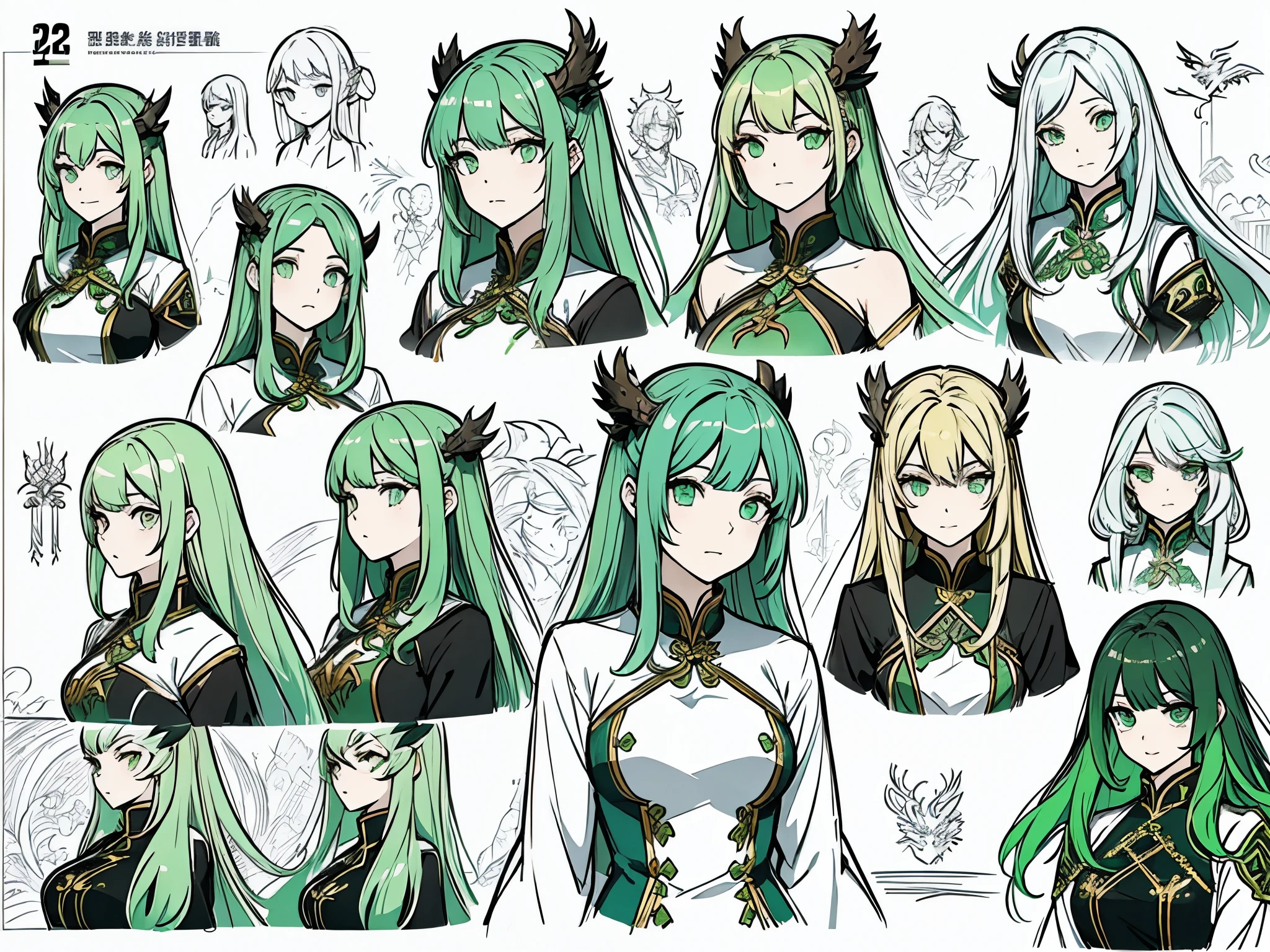 20th generation women、green hair、long hair、green eyes、dragon horn、golden hair ornament、white cheongsam、various expressions、character sketch、concept art、Reference sheet
