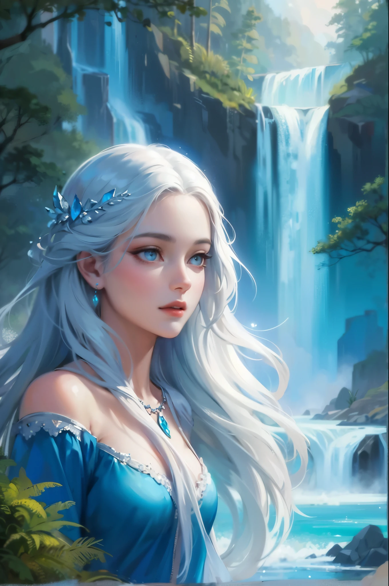 Create a mesmerizing digital painting depicting the serene beauty of an enchanted forest scene. Include a majestic waterfall with crystalline waters cascading down from rugged cliffs, surrounded by ancient trees and vibrant flora. In the center of the scene, portray a young woman of ethereal beauty, with flowing white hair and azure blue eyes, adorned with a shimmering blue crystal necklace. Capture her graceful presence as she interacts with the natural elements around her, infusing the forest with an aura of tranquility and magic.